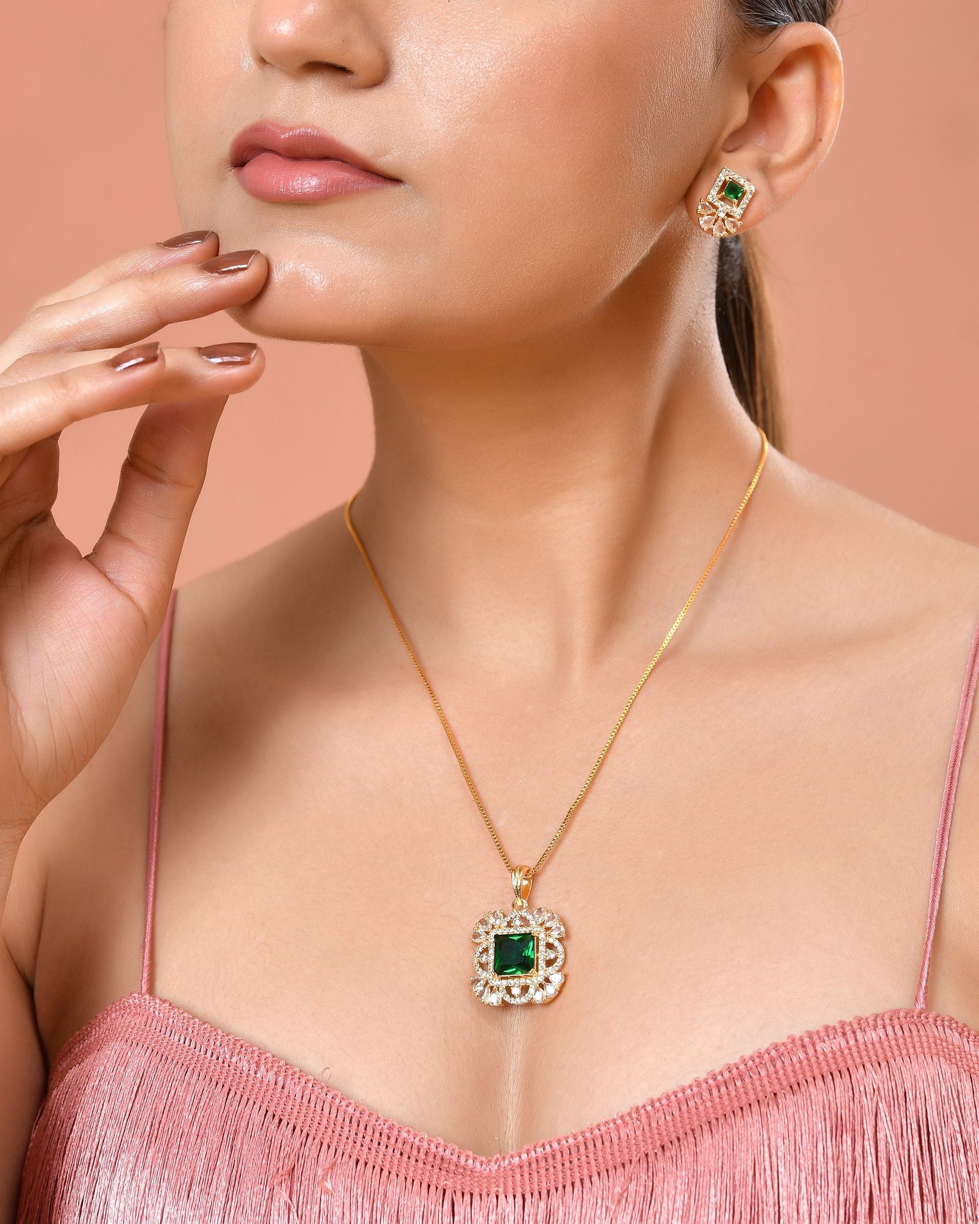 VOJ Gold Plated Green Square Shaped Stone Studded Ad Chain Set  Grab2Buy VOJ Grab2Buy