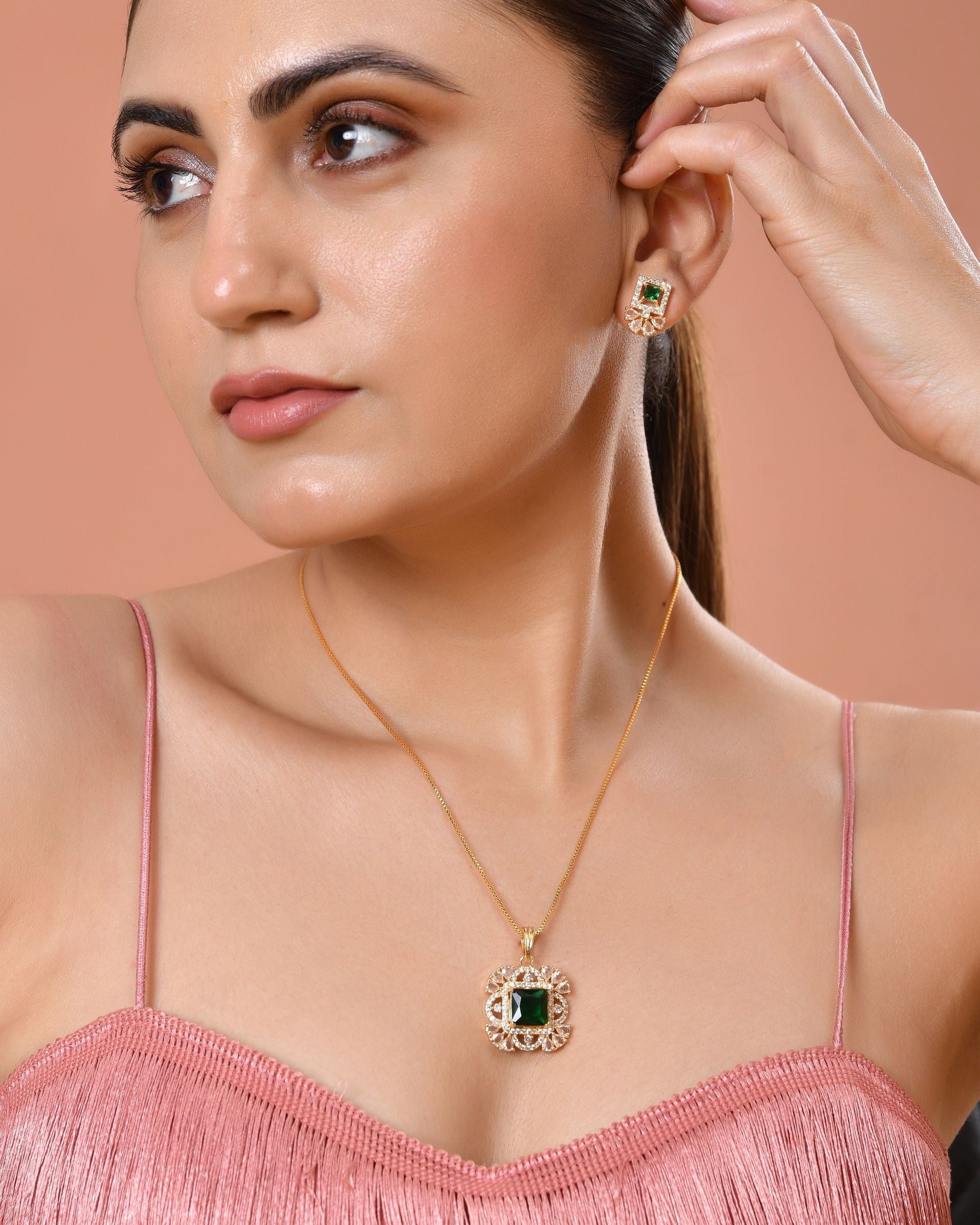 VOJ Gold Plated Green Square Shaped Stone Studded Ad Chain Set  Grab2Buy VOJ Grab2Buy