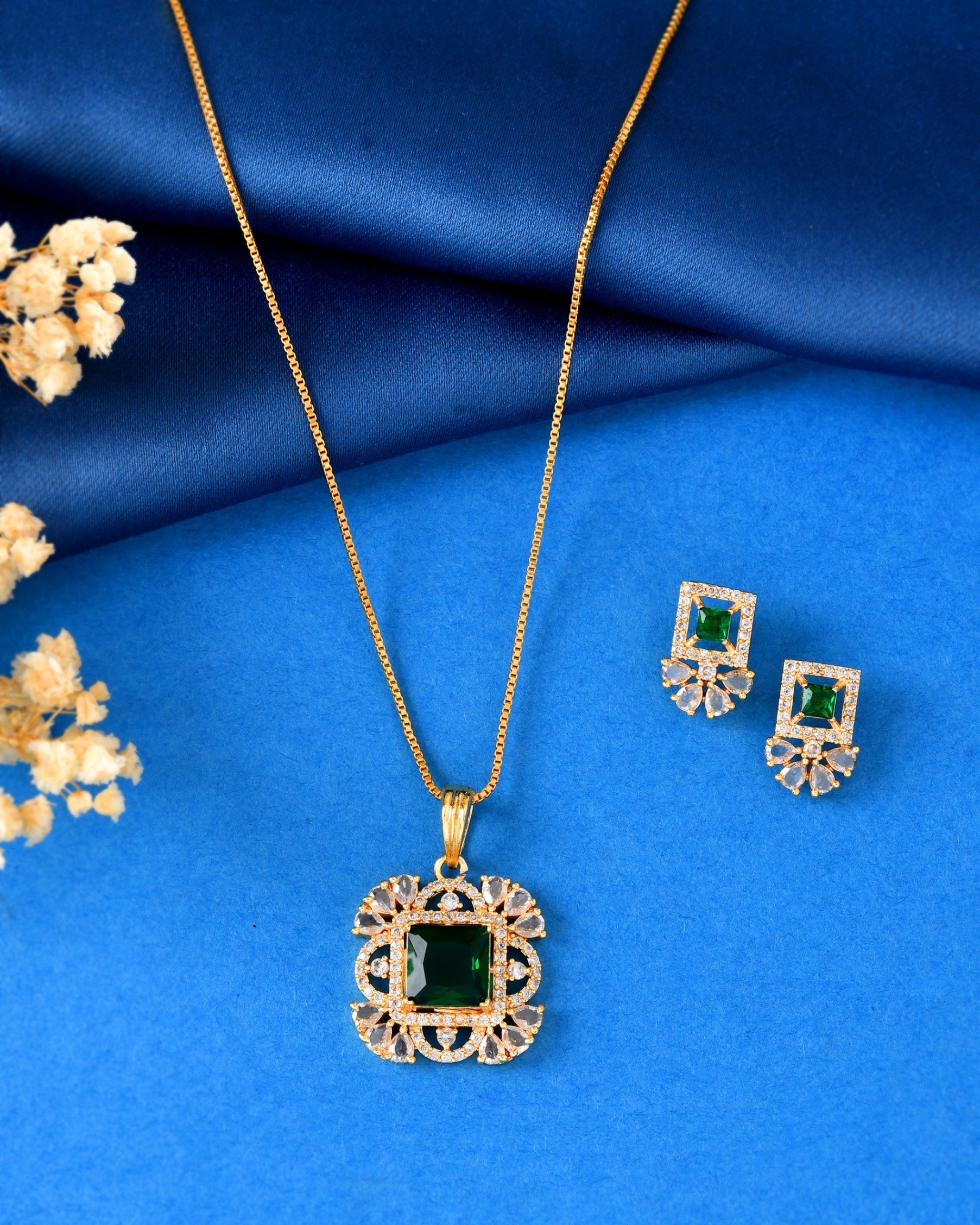 VOJ Gold Plated Green Square Shaped Stone Studded Ad Chain Set  Grab2Buy VOJ Grab2Buy