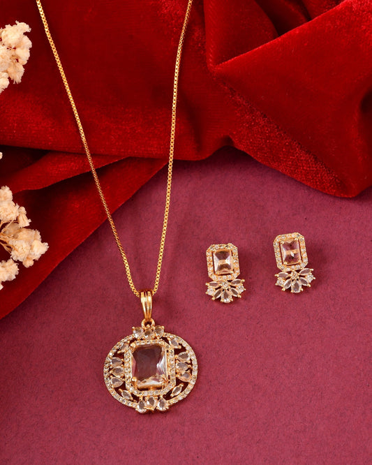 VOJ Gold Plated Rectangular Shaped Cz Stone Studded Chain Set  Grab2Buy VOJ Grab2Buy