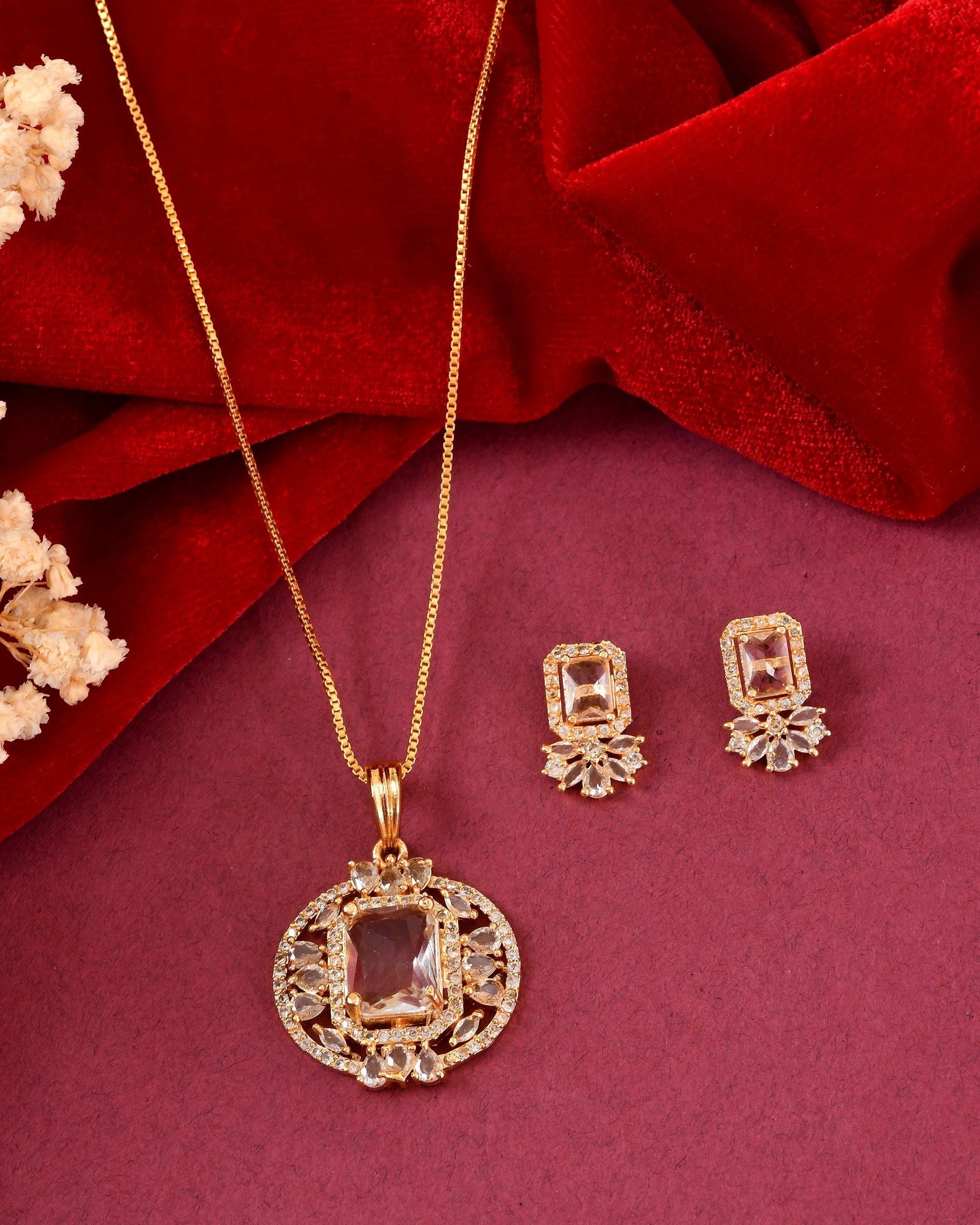 VOJ Gold Plated Rectangular Shaped Cz Stone Studded Chain Set  Grab2Buy VOJ Grab2Buy