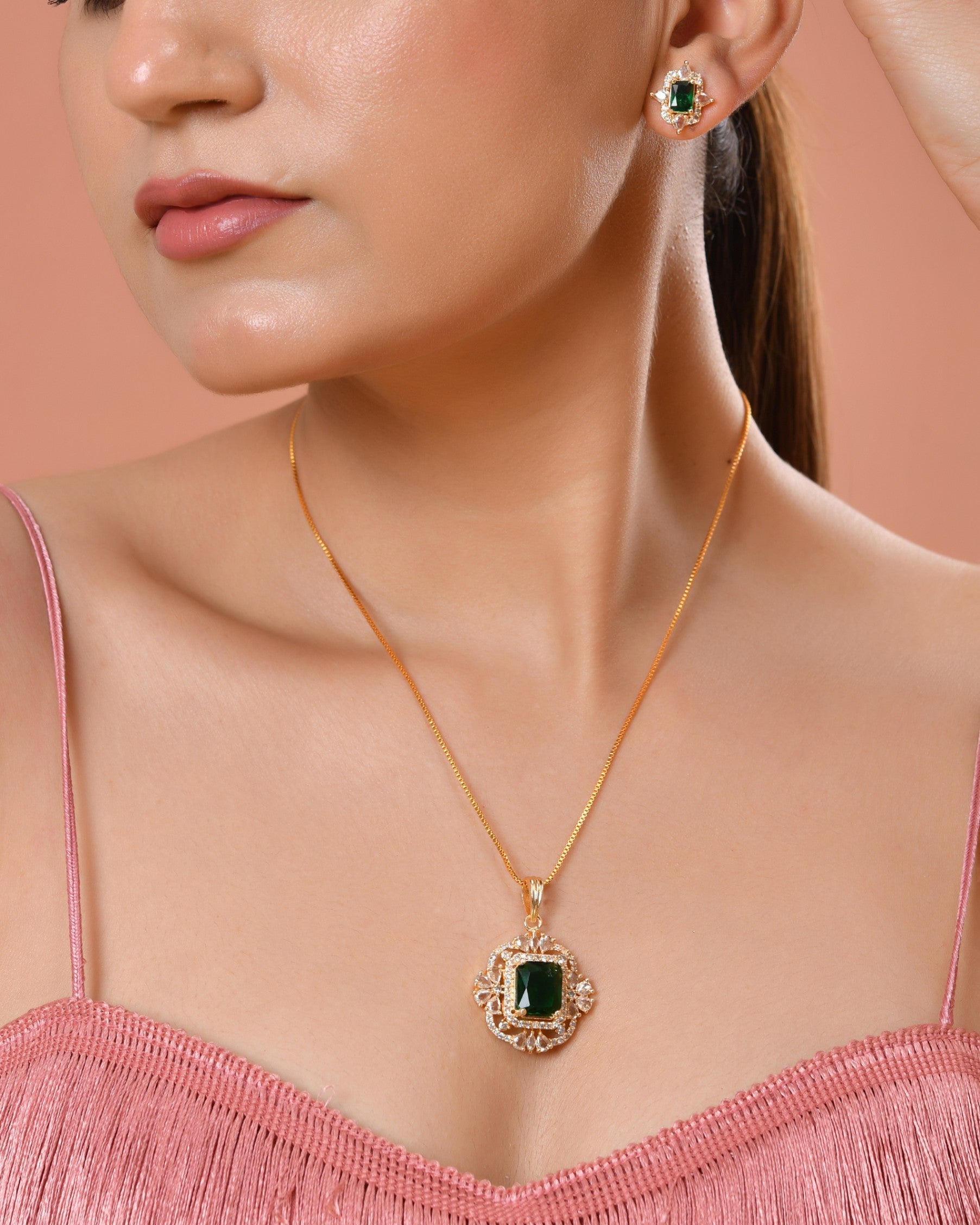 VOJ Gold Toned Green Rectangular Shaped Cz Chain Set  Grab2Buy VOJ Grab2Buy