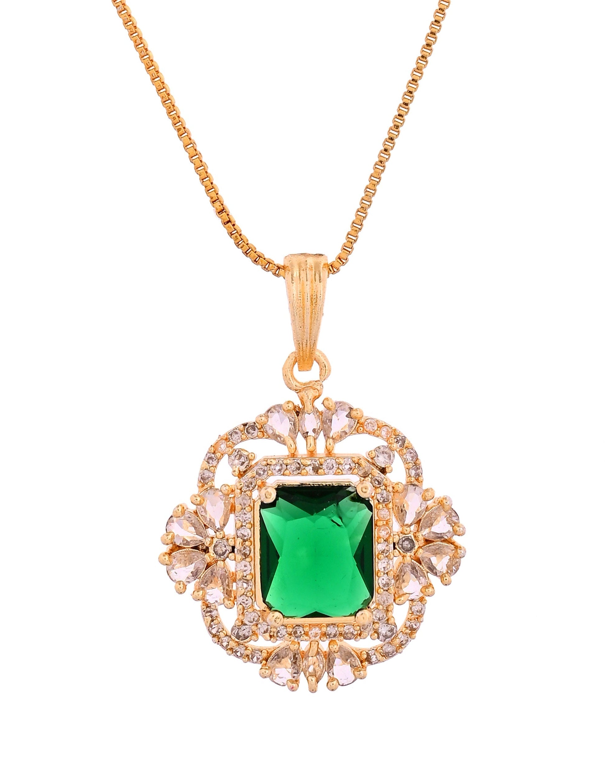 VOJ Gold Toned Green Rectangular Shaped Cz Chain Set  Grab2Buy VOJ Grab2Buy