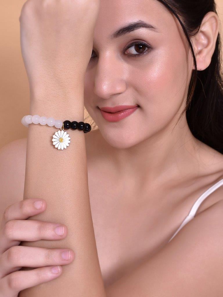 VOJ Black White Beads White Flower Elastic Bracelet | Grab2Buy