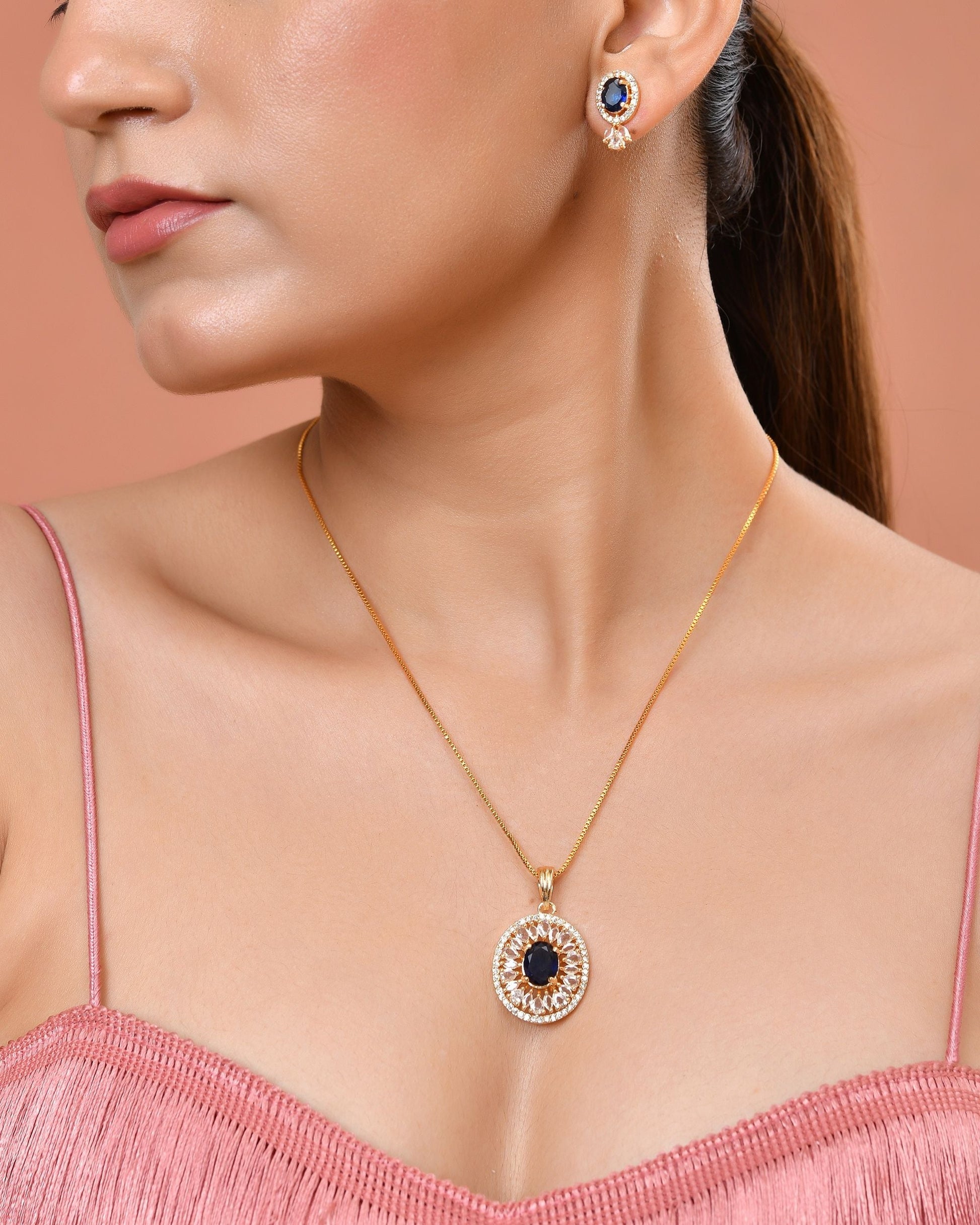 VOJ Gold Plated Blue Oval Shaped Cz Chain Set  Grab2Buy VOJ Grab2Buy