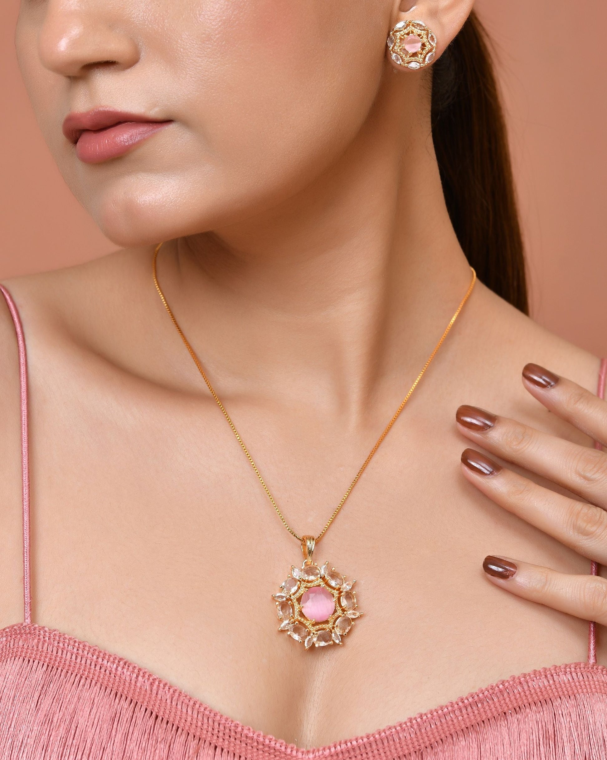 VOJ Gold Plated Baby Pink Circular Stone Studded Floral Cz Chain Set  Grab2Buy VOJ Grab2Buy