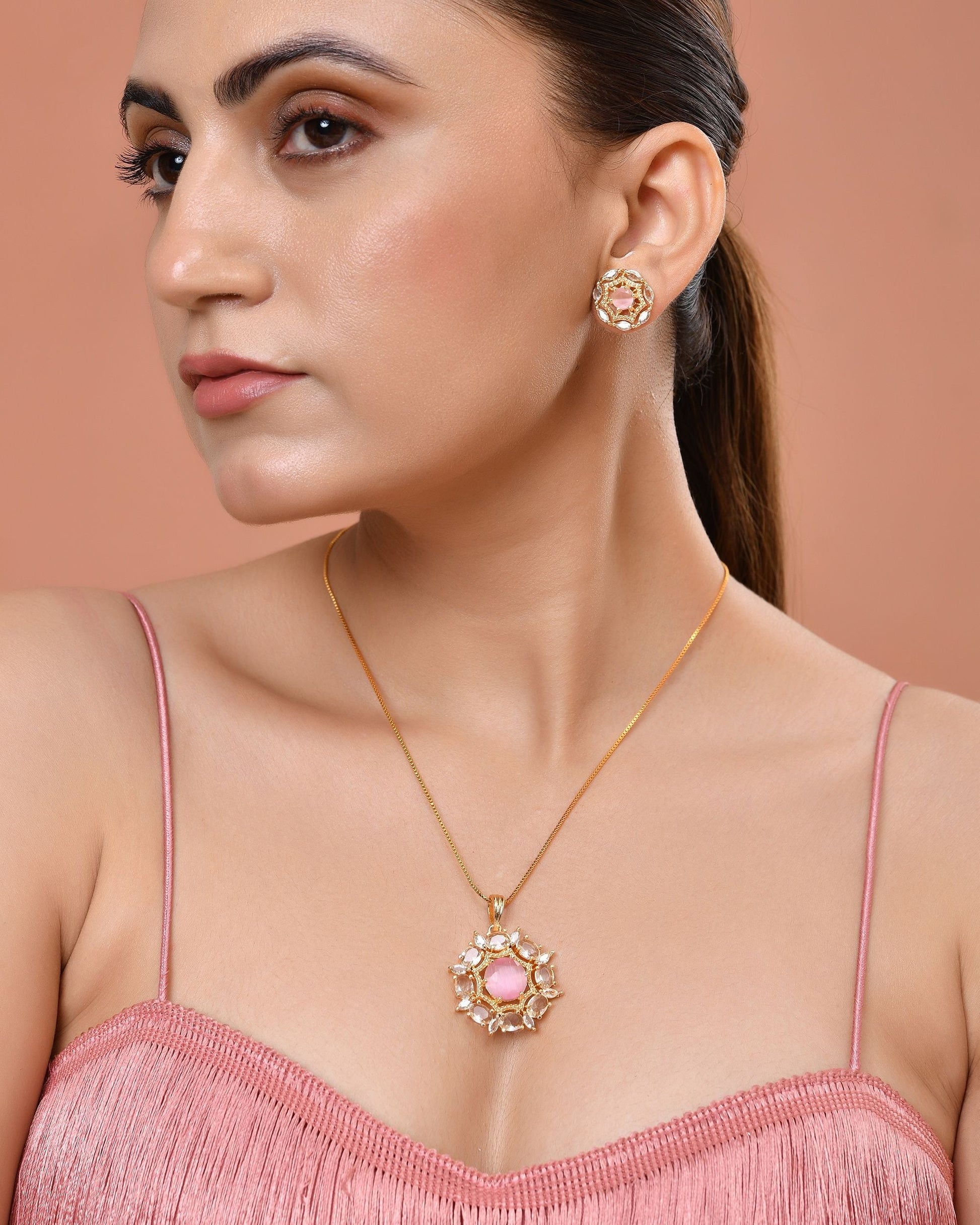 VOJ Gold Plated Baby Pink Circular Stone Studded Floral Cz Chain Set  Grab2Buy VOJ Grab2Buy