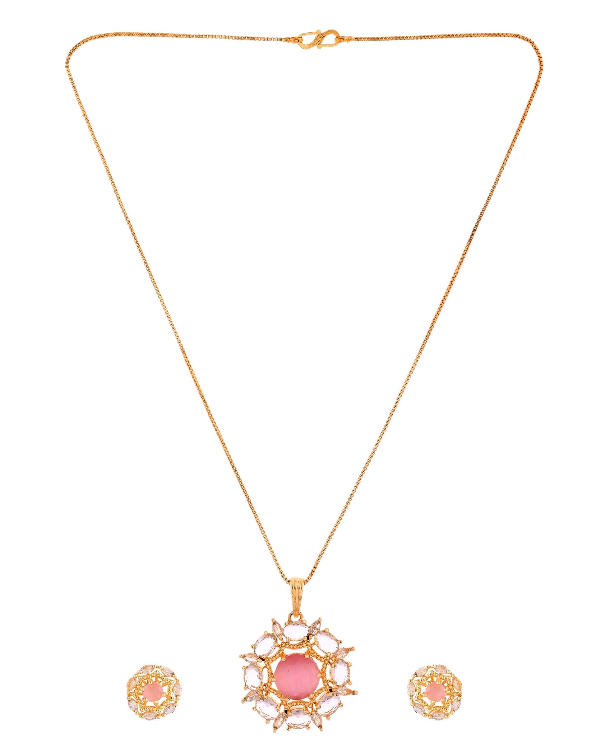 VOJ Gold Plated Baby Pink Circular Stone Studded Floral Cz Chain Set  Grab2Buy VOJ Grab2Buy