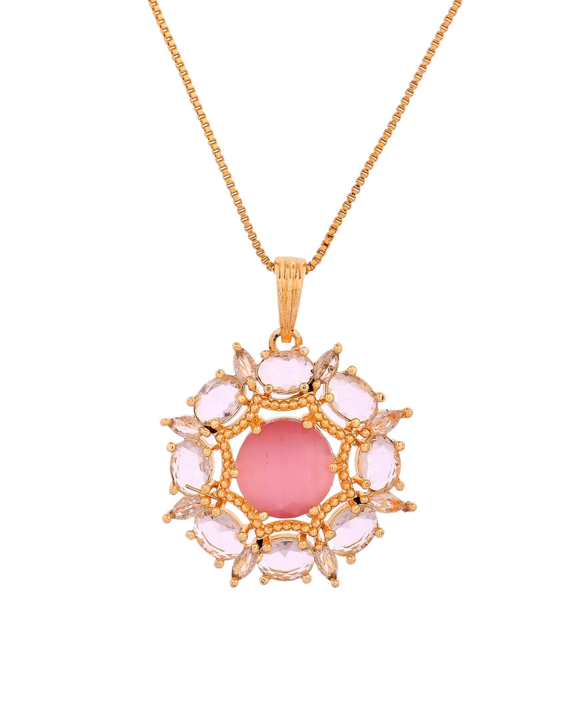 VOJ Gold Plated Baby Pink Circular Stone Studded Floral Cz Chain Set  Grab2Buy VOJ Grab2Buy