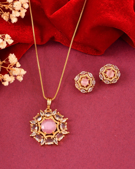 VOJ Gold Plated Baby Pink Circular Stone Studded Floral Cz Chain Set  Grab2Buy VOJ Grab2Buy