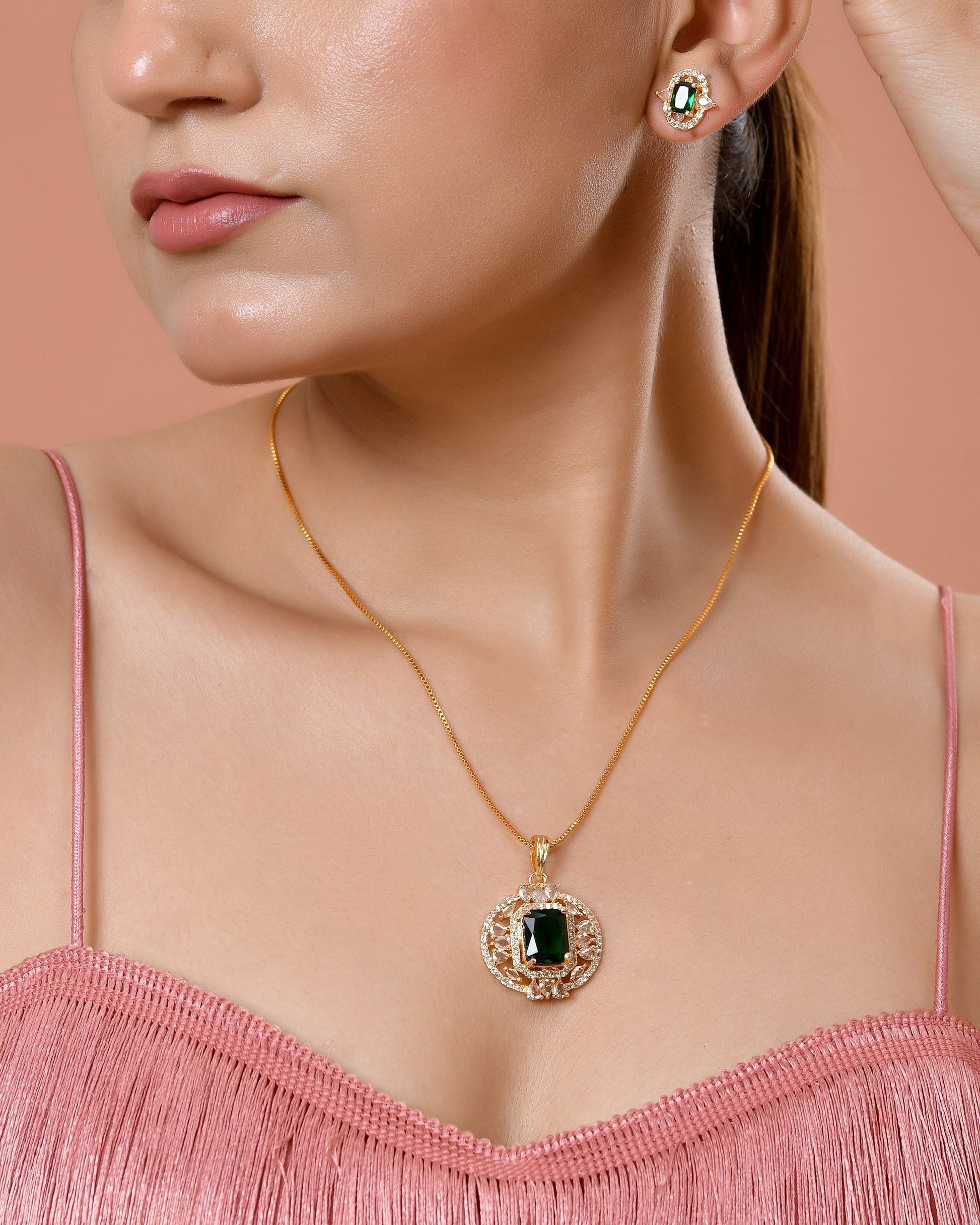 VOJ Gold Toned Green Rectangular Shaped Cz Chain Set  Grab2Buy VOJ Grab2Buy