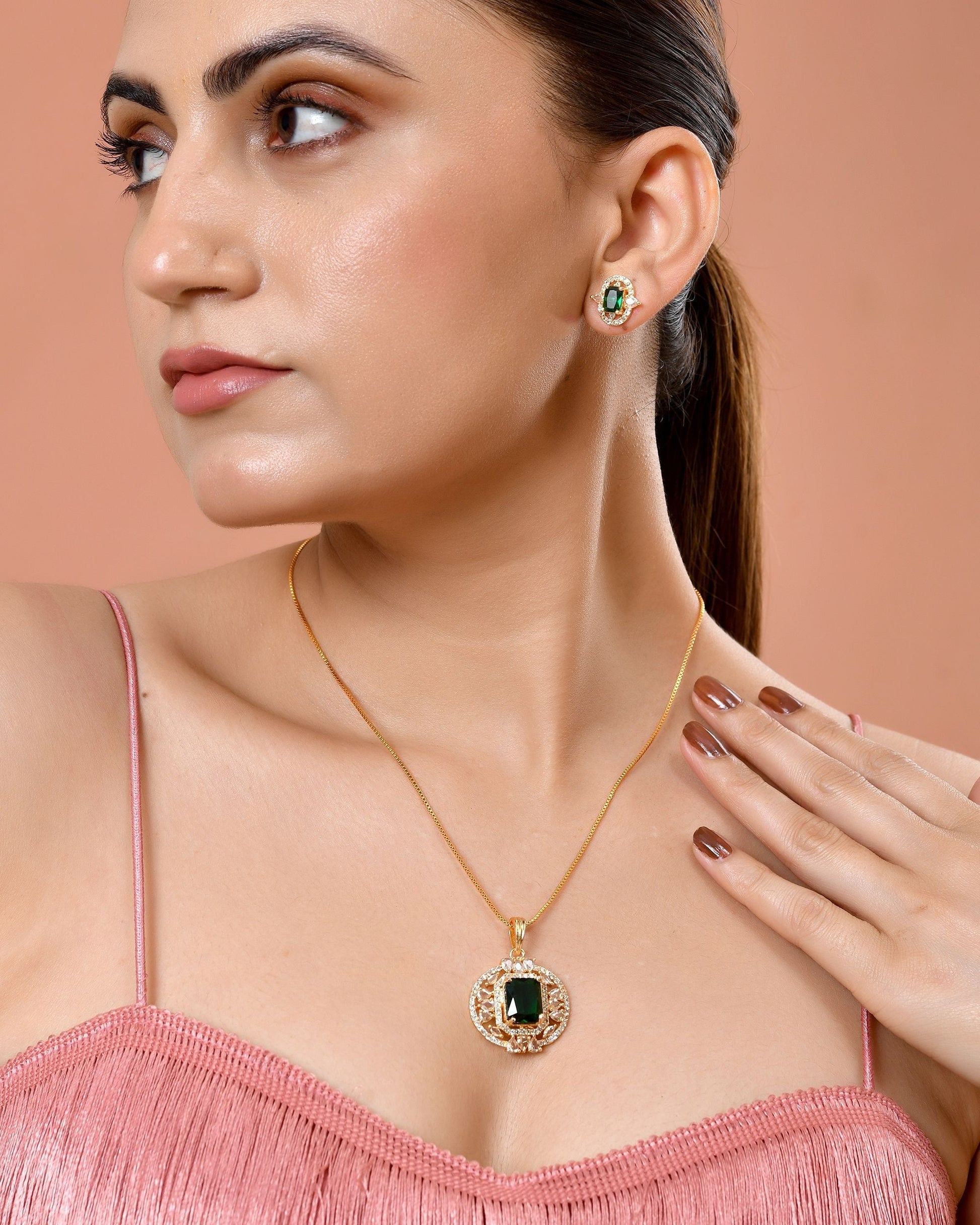 VOJ Gold Toned Green Rectangular Shaped Cz Chain Set  Grab2Buy VOJ Grab2Buy