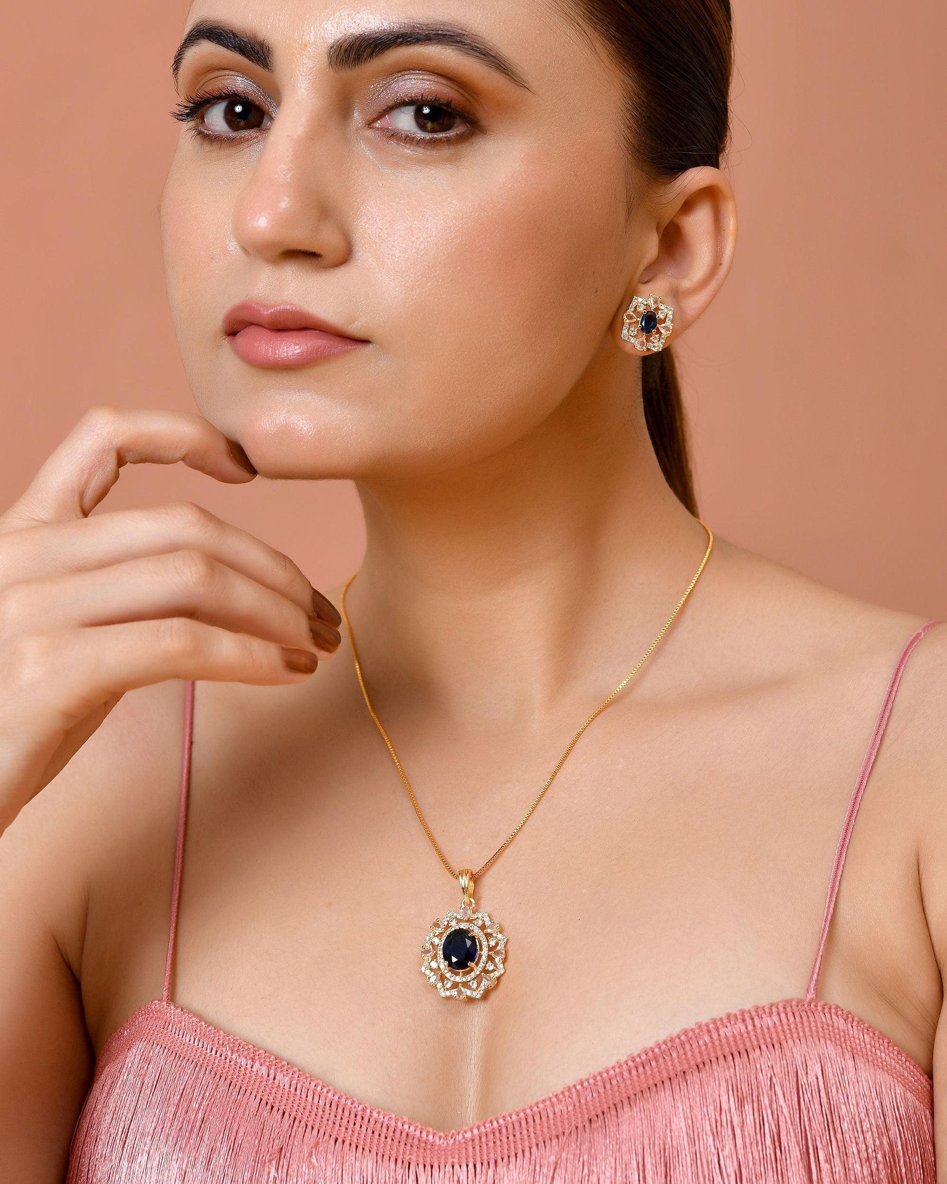 VOJ Gold Plated Circulare Blue Cz Stone Studded Chain Set  Grab2Buy VOJ Grab2Buy