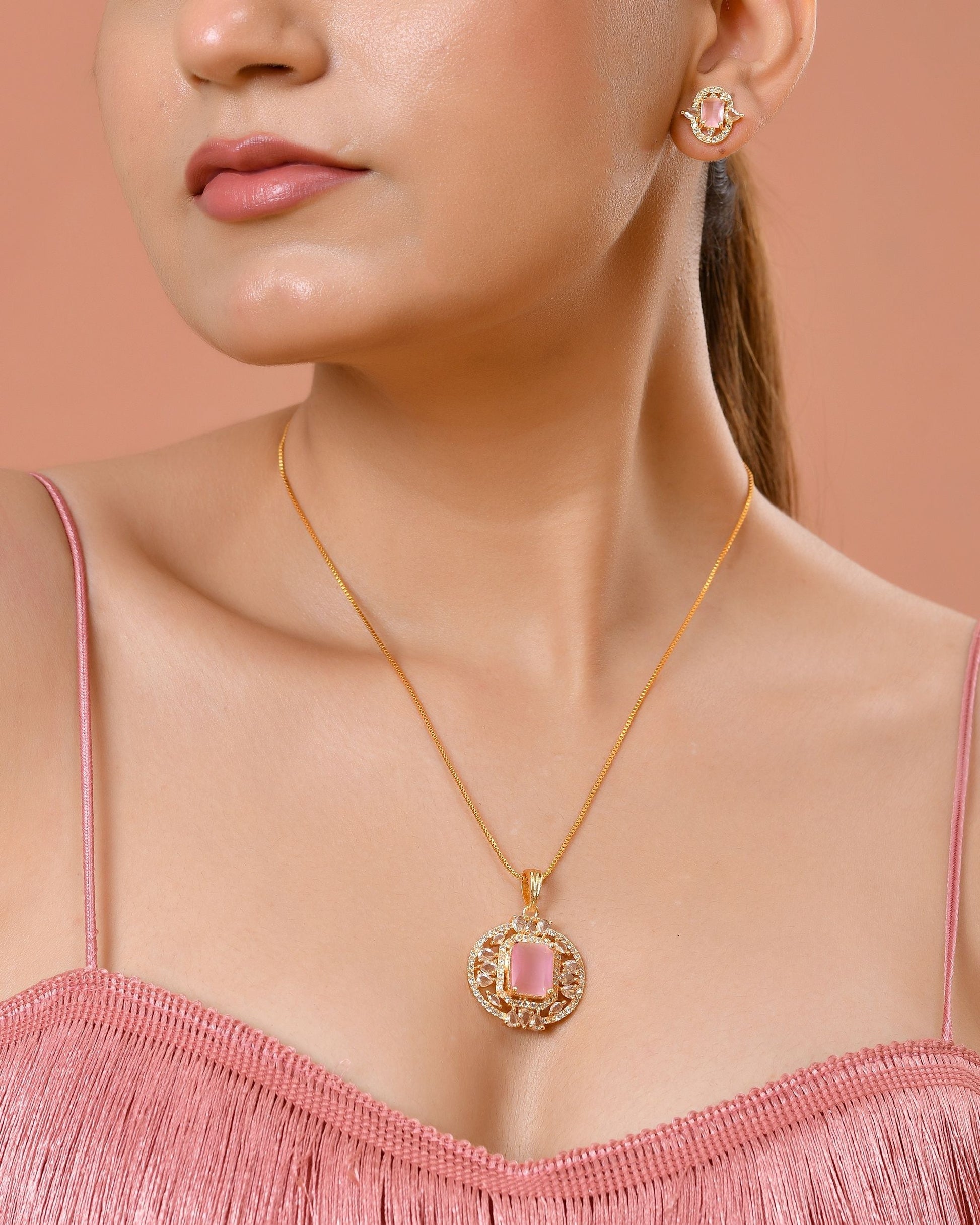VOJ Gold Plated Baby Pink Rectangular Shaped And Ad Stone Studded Chain Set  Grab2Buy VOJ Grab2Buy