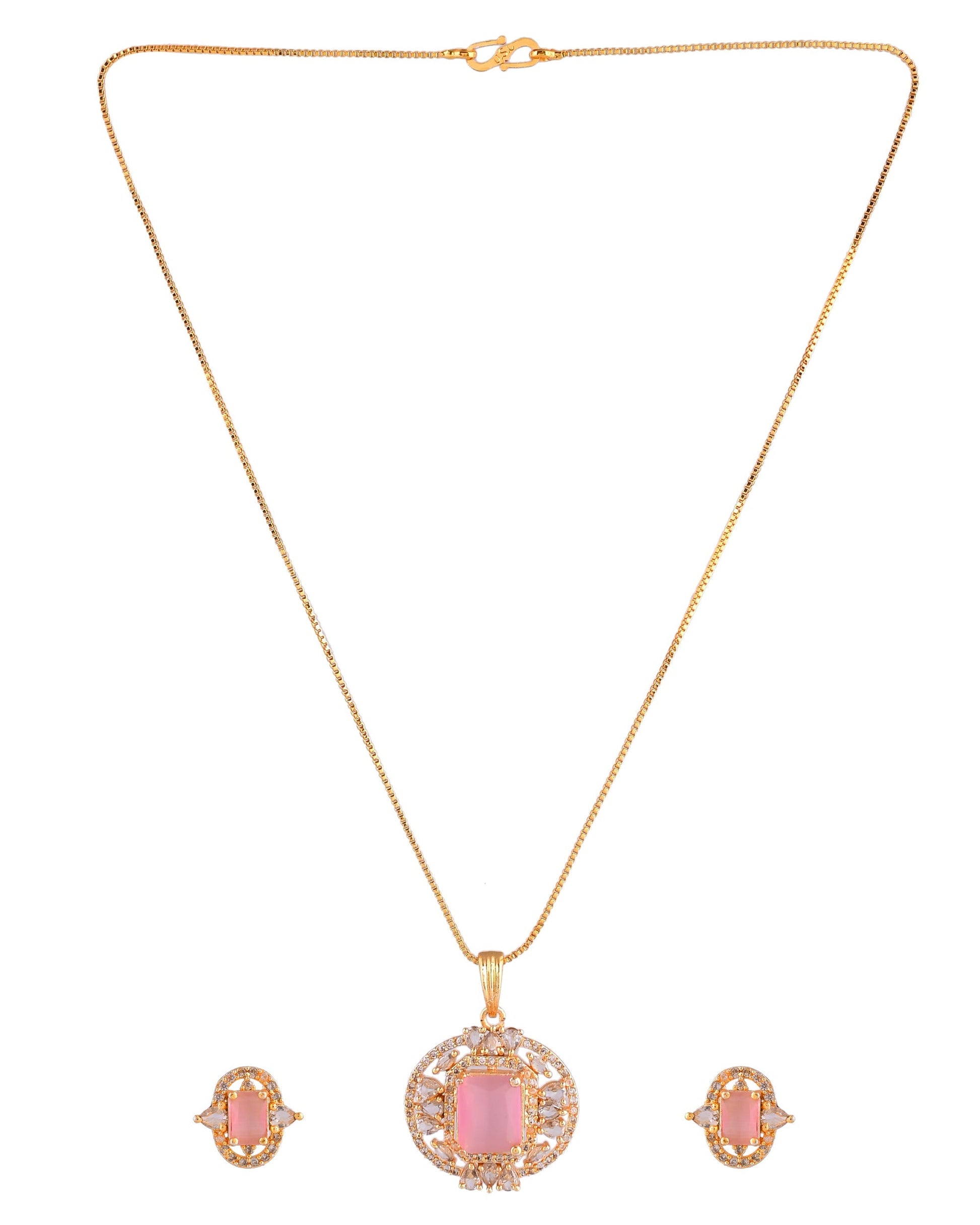 VOJ Gold Plated Baby Pink Rectangular Shaped And Ad Stone Studded Chain Set  Grab2Buy VOJ Grab2Buy