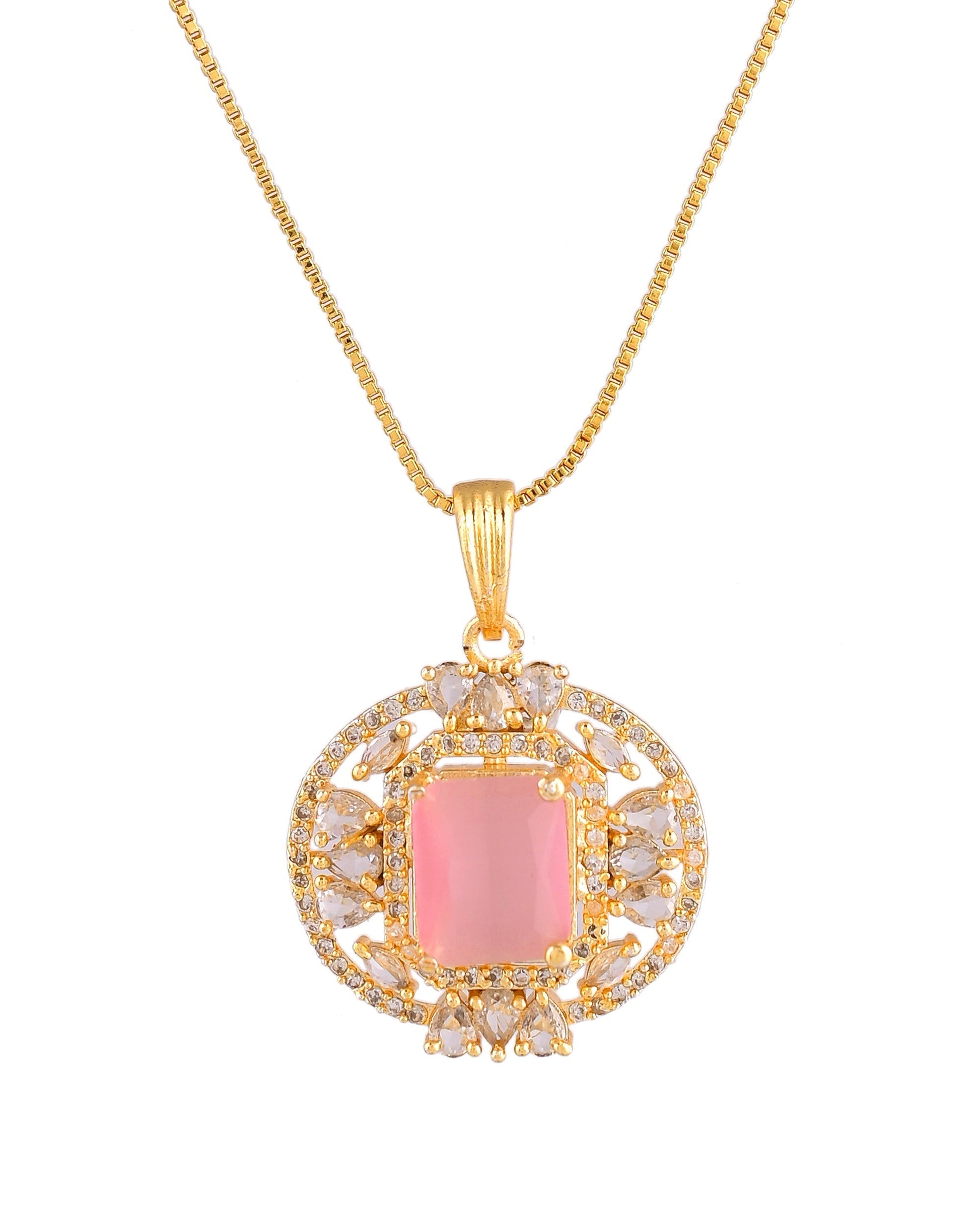 VOJ Gold Plated Baby Pink Rectangular Shaped And Ad Stone Studded Chain Set  Grab2Buy VOJ Grab2Buy