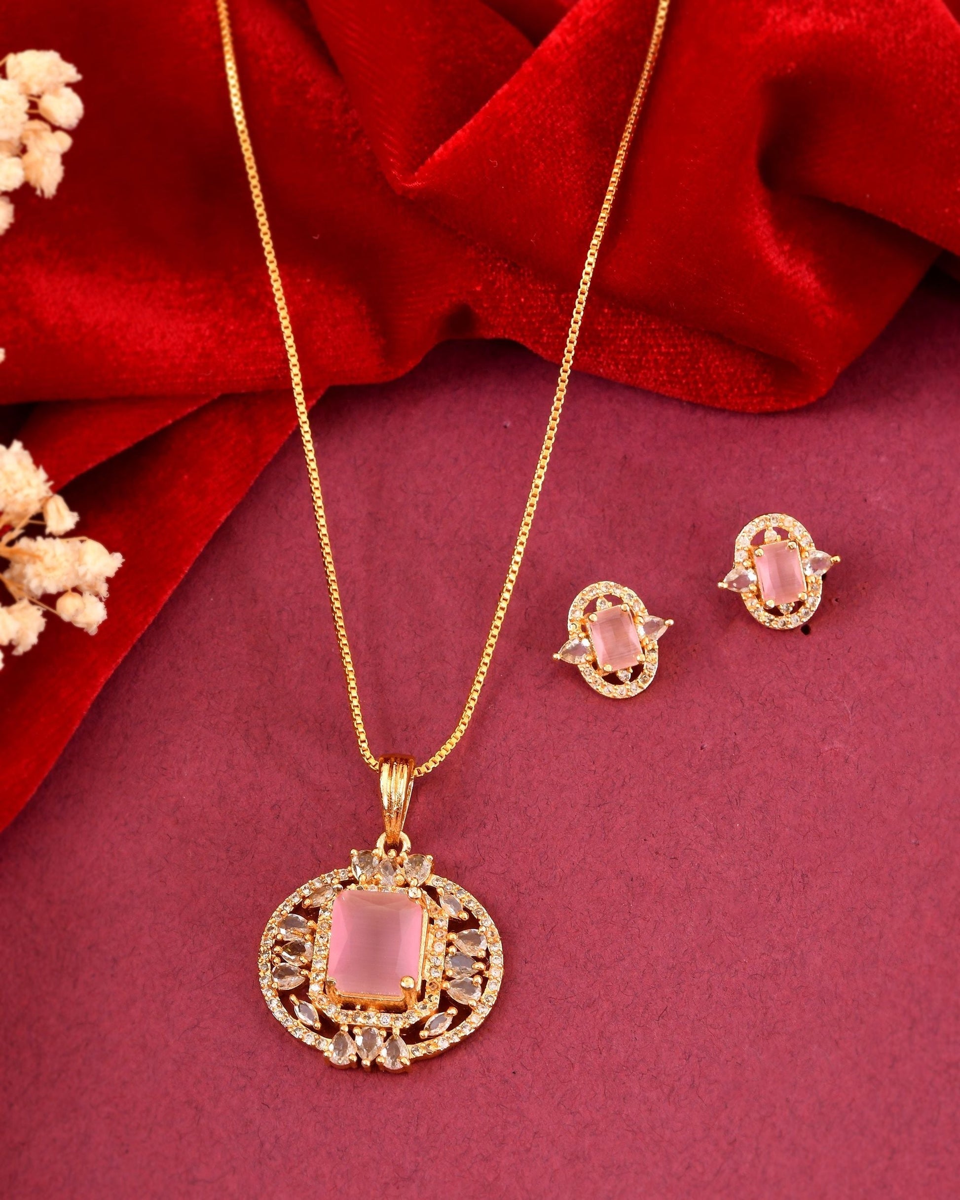 VOJ Gold Plated Baby Pink Rectangular Shaped And Ad Stone Studded Chain Set  Grab2Buy VOJ Grab2Buy