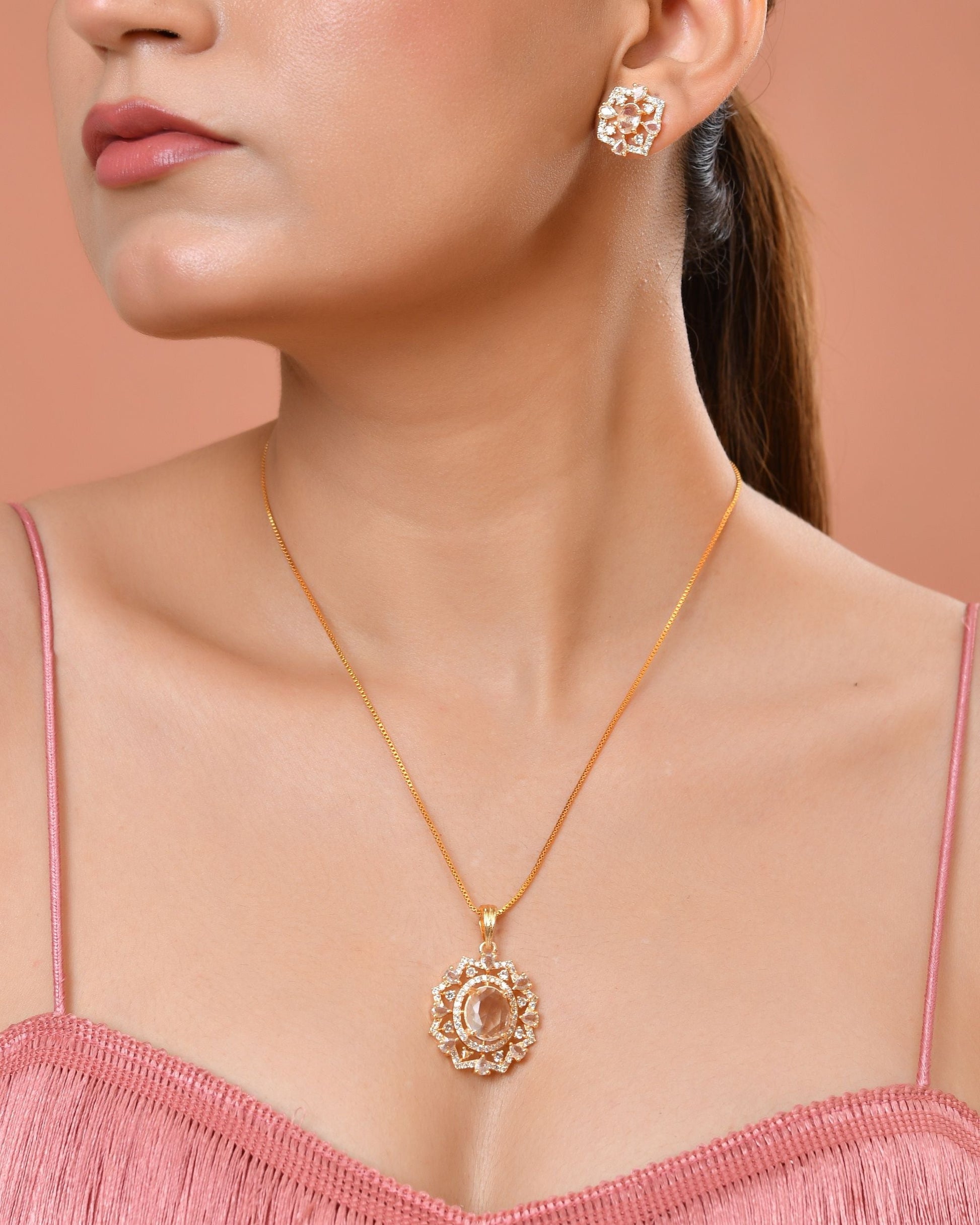 VOJ Gold Toned Circular Shaped Designer Cz Stone Studded Chain Set  Grab2Buy VOJ Grab2Buy