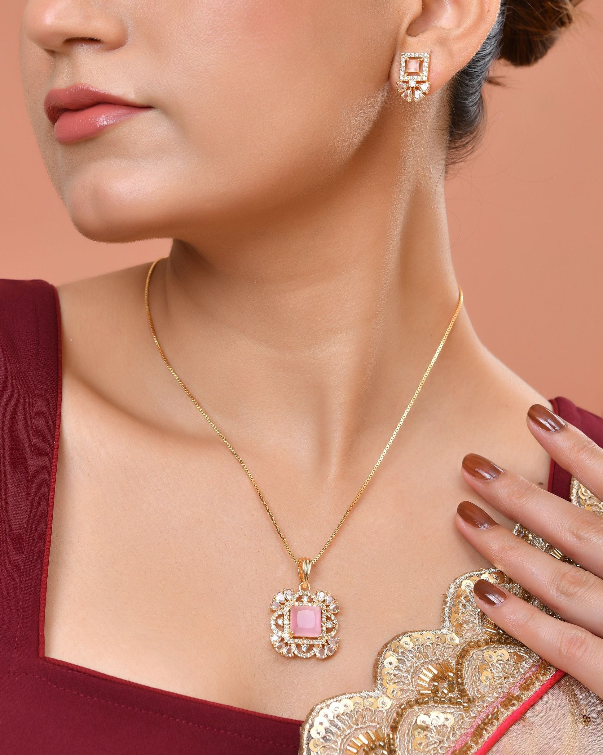 VOJ Gold Plated Baby Pink Square Ad Stone Studded Chain Set  Grab2Buy VOJ Grab2Buy