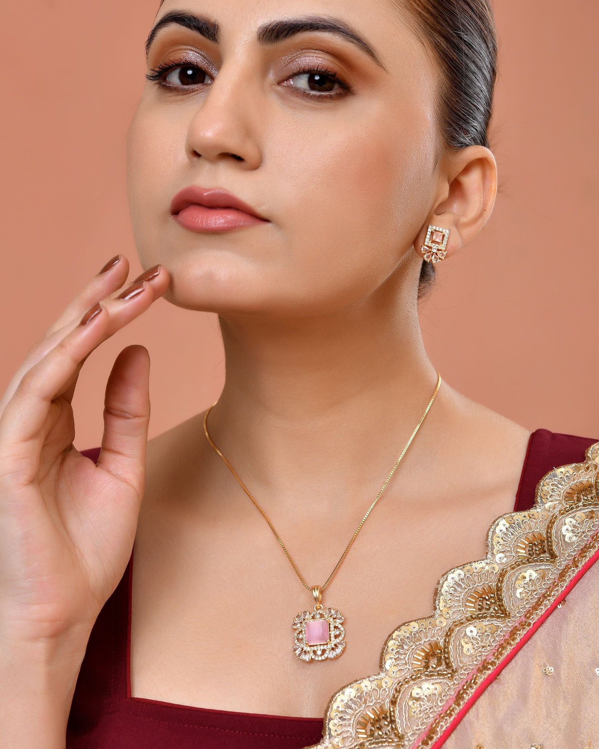 VOJ Gold Plated Baby Pink Square Ad Stone Studded Chain Set  Grab2Buy VOJ Grab2Buy