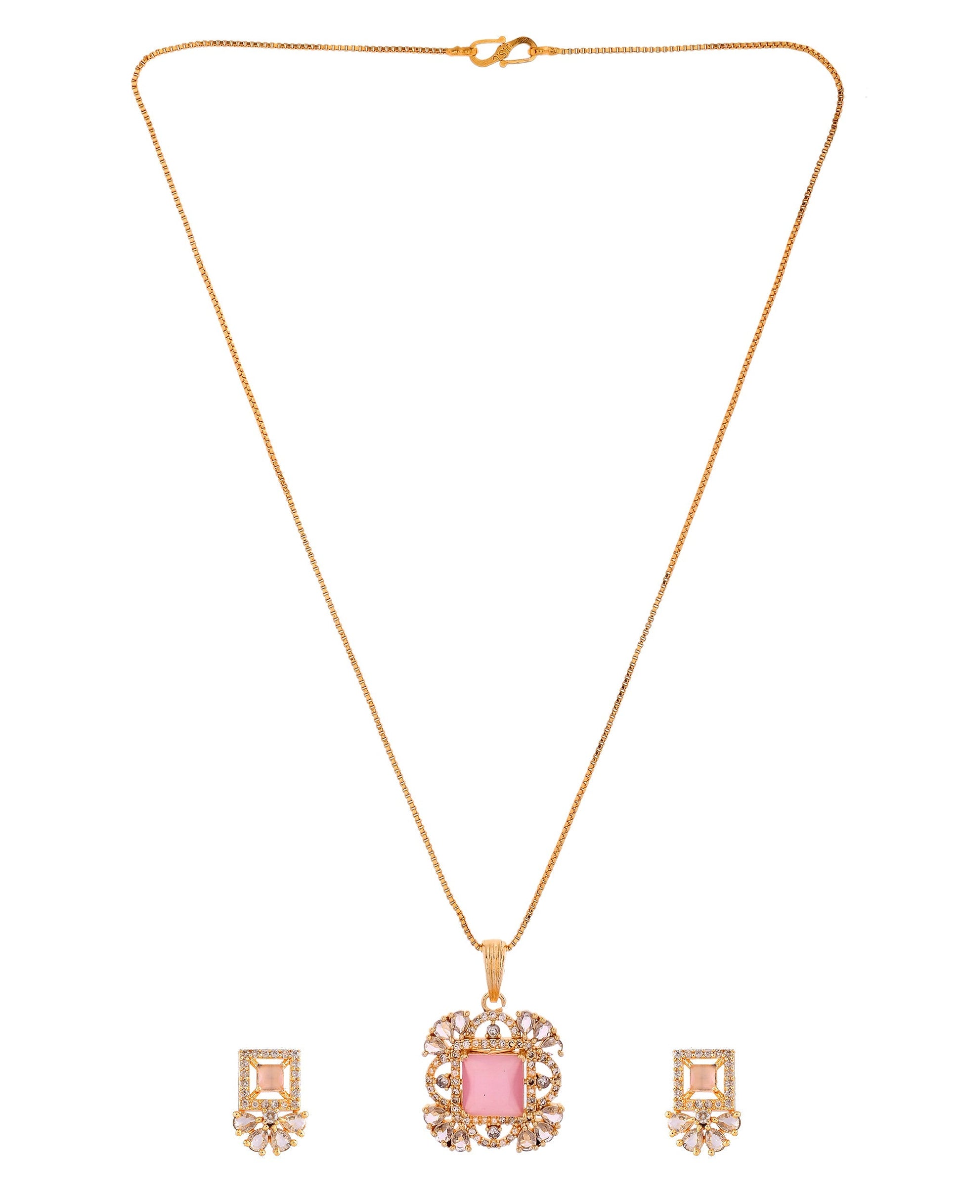 VOJ Gold Plated Baby Pink Square Ad Stone Studded Chain Set  Grab2Buy VOJ Grab2Buy