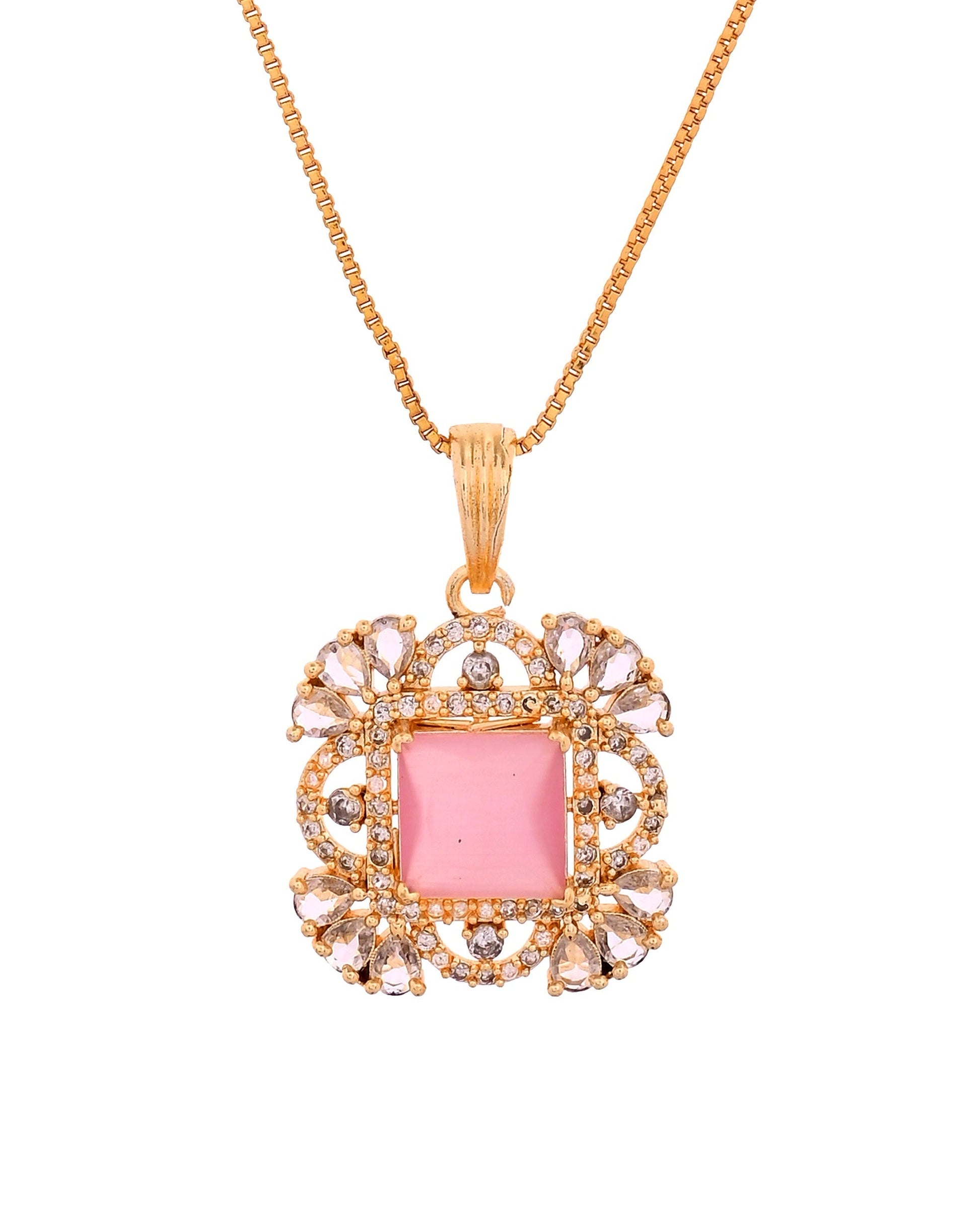 VOJ Gold Plated Baby Pink Square Ad Stone Studded Chain Set  Grab2Buy VOJ Grab2Buy