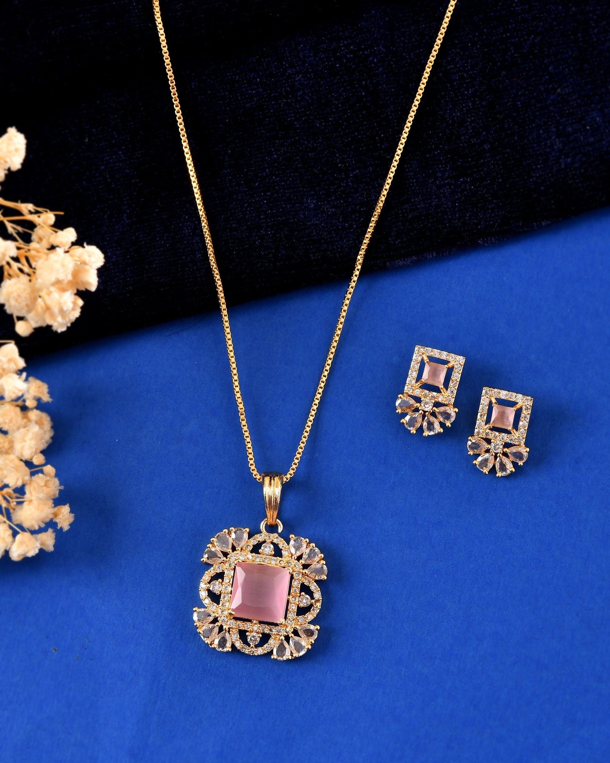 VOJ Gold Plated Baby Pink Square Ad Stone Studded Chain Set  Grab2Buy VOJ Grab2Buy
