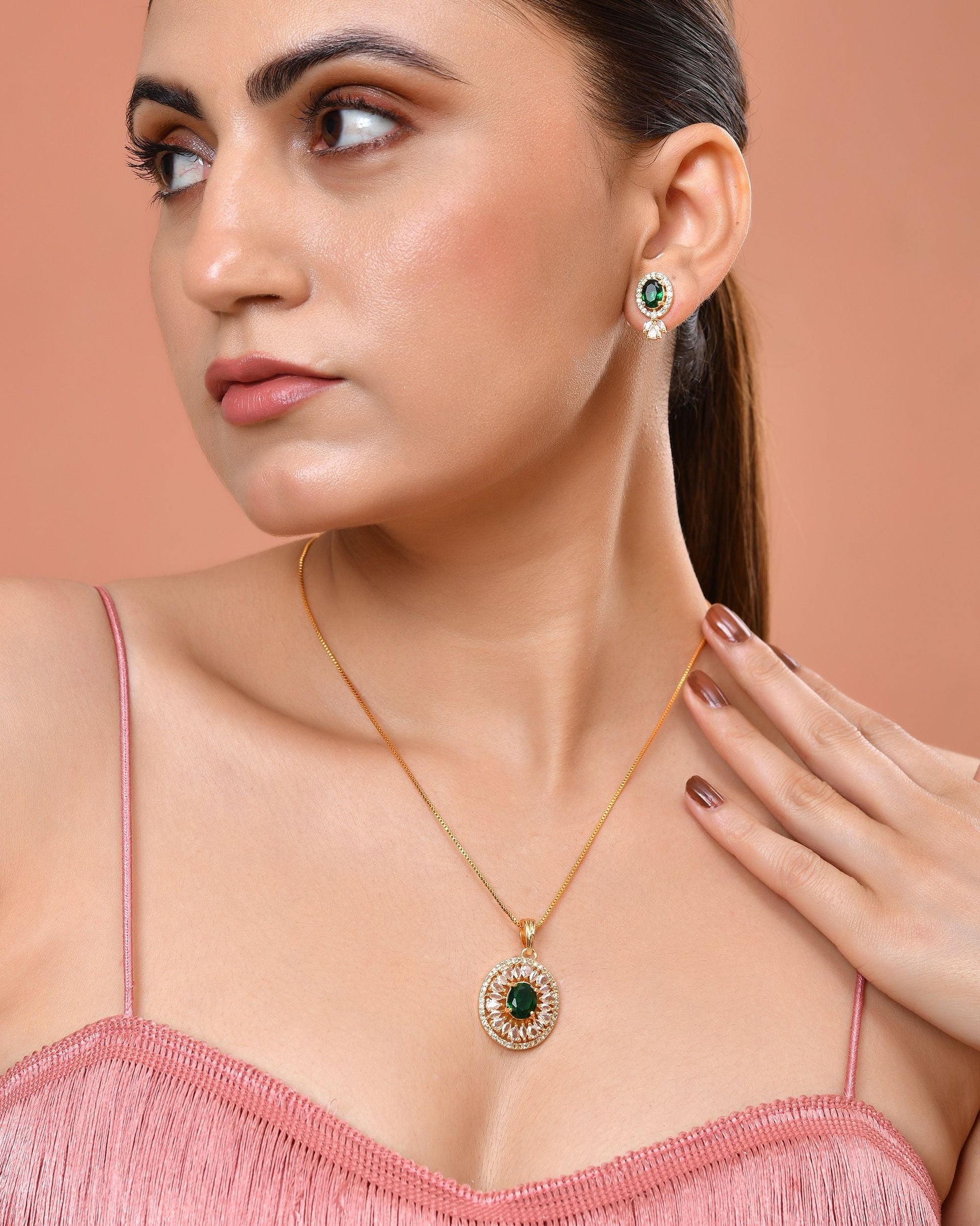 VOJ Gold Plated Green Oval Shaped Ad Stone Studded Chain Set  Grab2Buy VOJ Grab2Buy