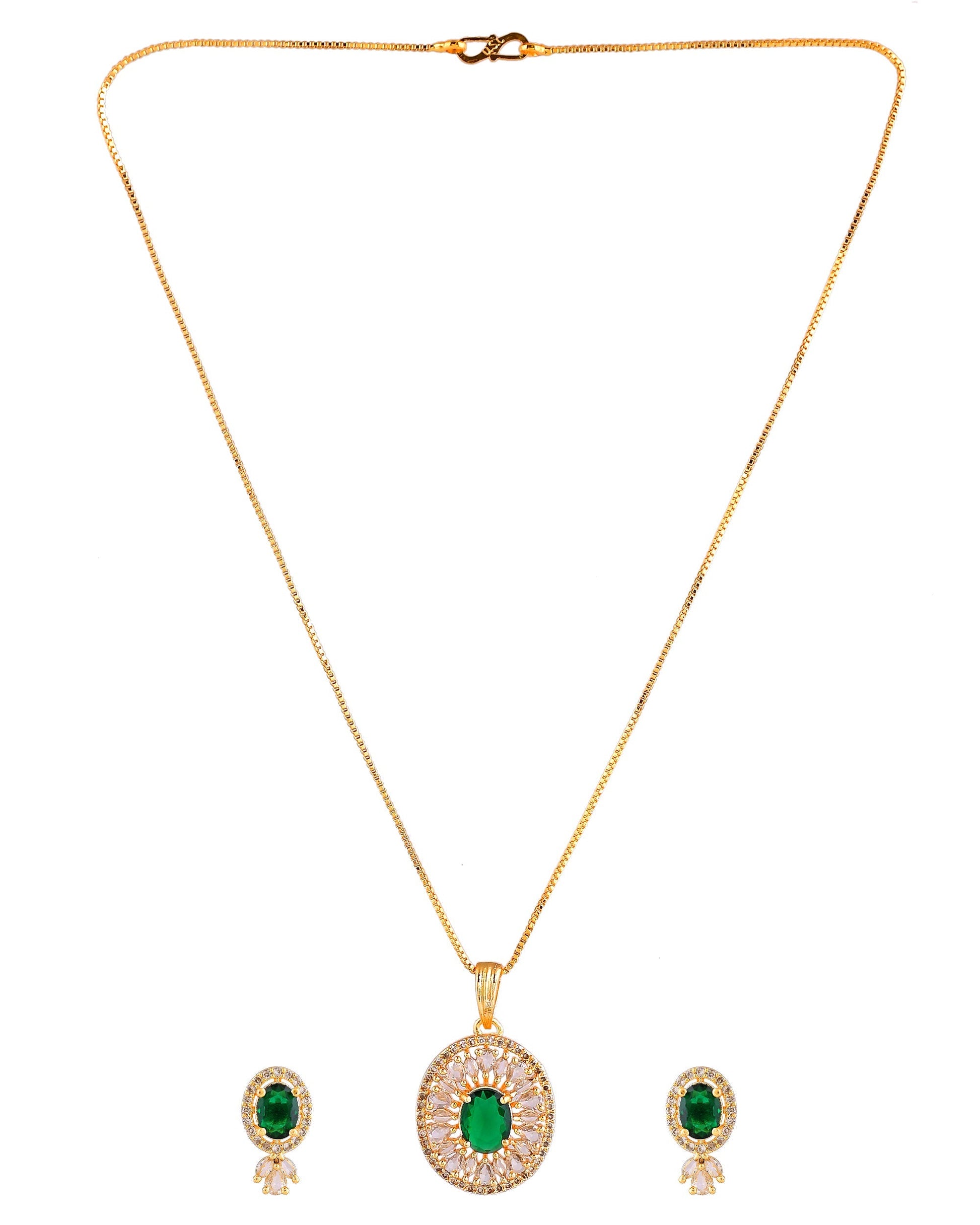 VOJ Gold Plated Green Oval Shaped Ad Stone Studded Chain Set  Grab2Buy VOJ Grab2Buy