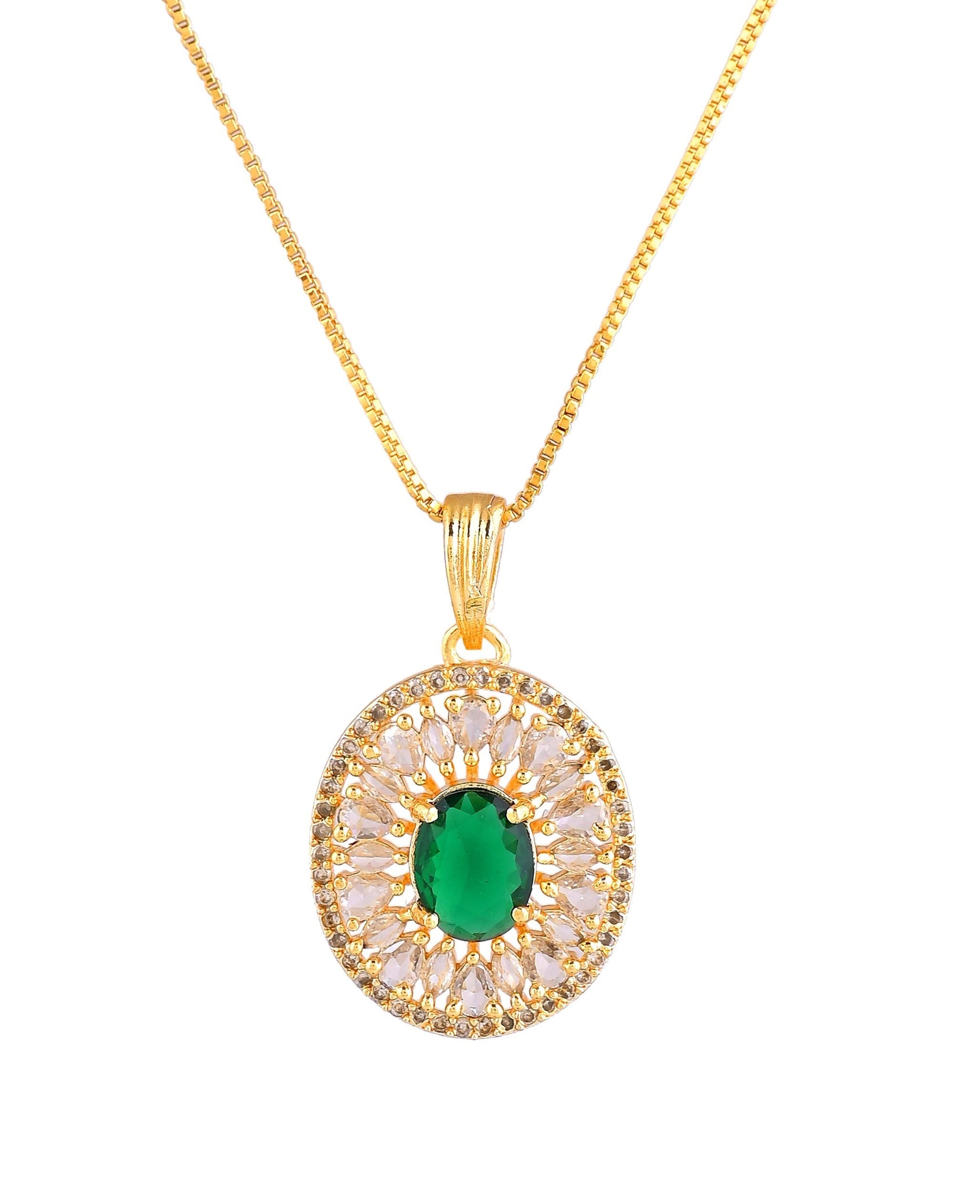 VOJ Gold Plated Green Oval Shaped Ad Stone Studded Chain Set  Grab2Buy VOJ Grab2Buy