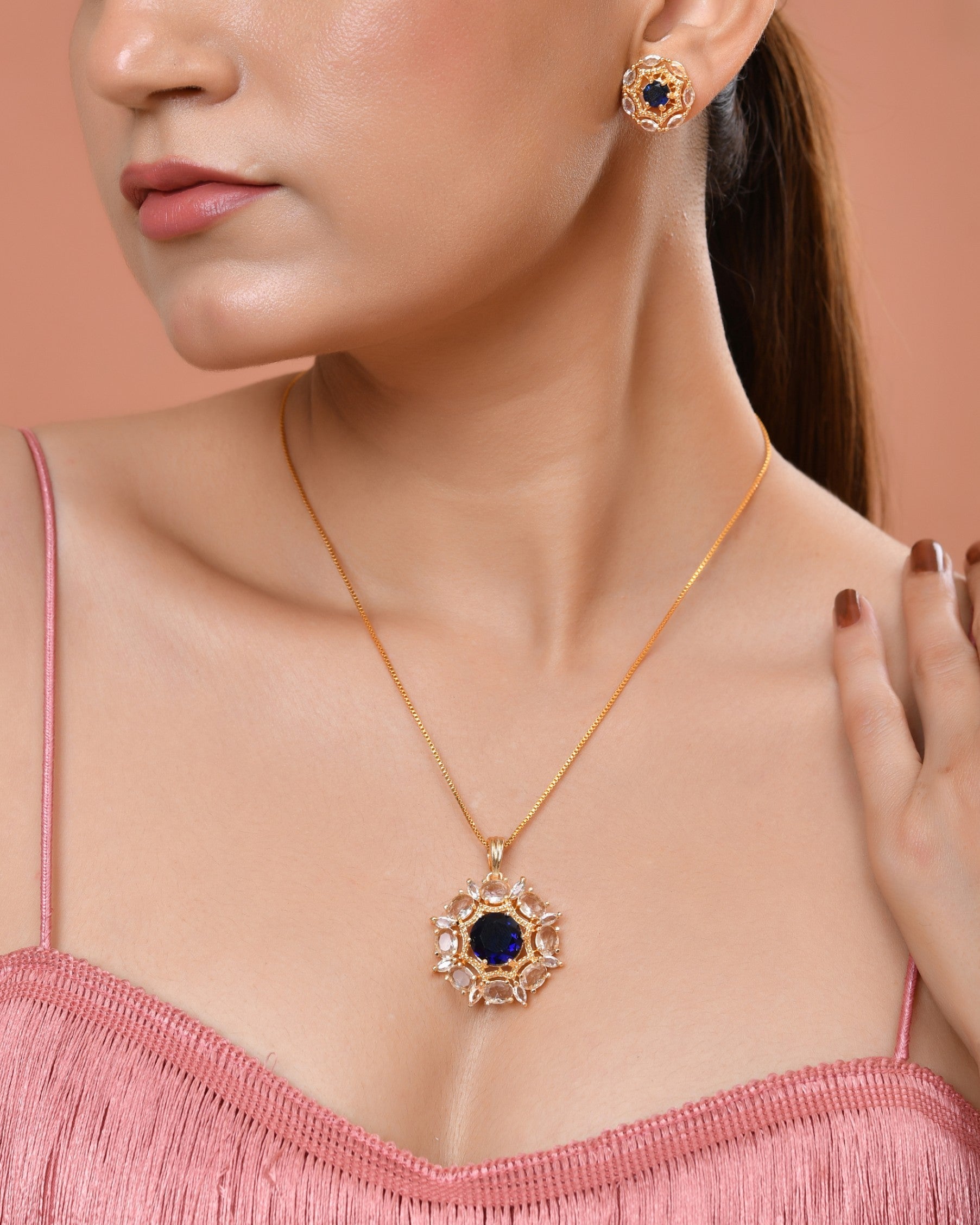 VOJ Gold Plated Blue Circular Stone Studded Floral Ad Chain Set  Grab2Buy VOJ Grab2Buy