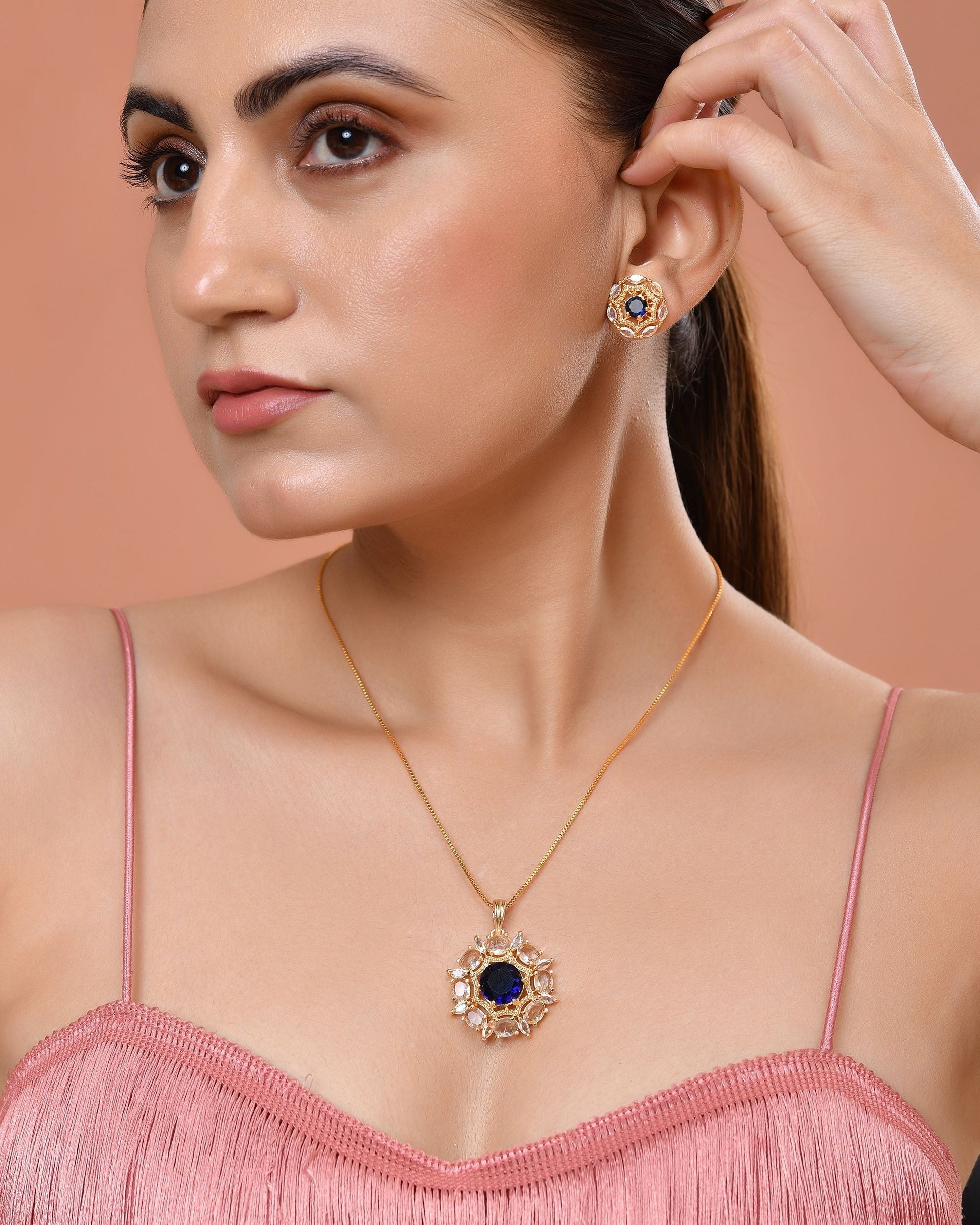 VOJ Gold Plated Blue Circular Stone Studded Floral Ad Chain Set  Grab2Buy VOJ Grab2Buy