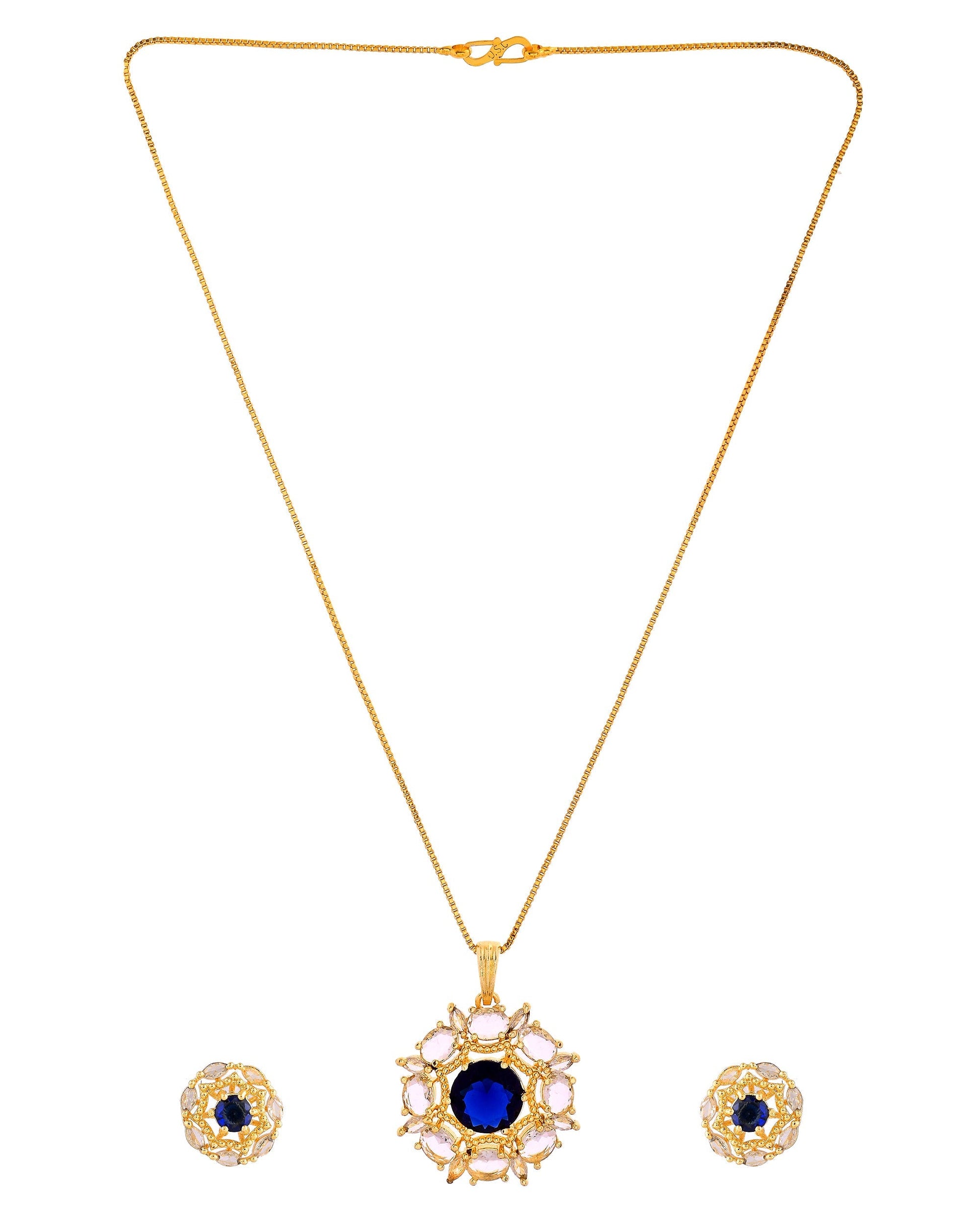 VOJ Gold Plated Blue Circular Stone Studded Floral Ad Chain Set  Grab2Buy VOJ Grab2Buy