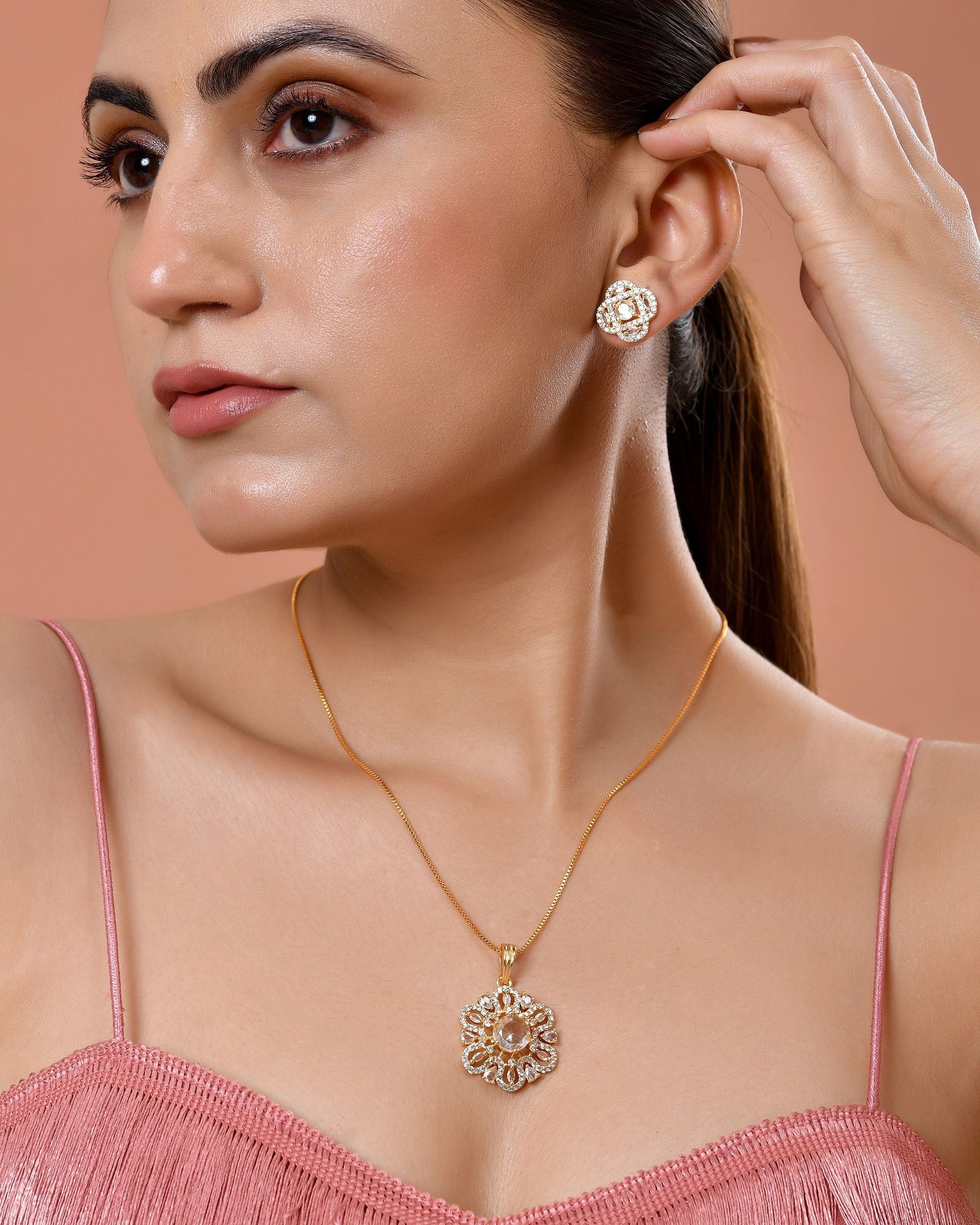 VOJ Gold Plated Circular Ad Stone Studded Chain Set  Grab2Buy VOJ Grab2Buy