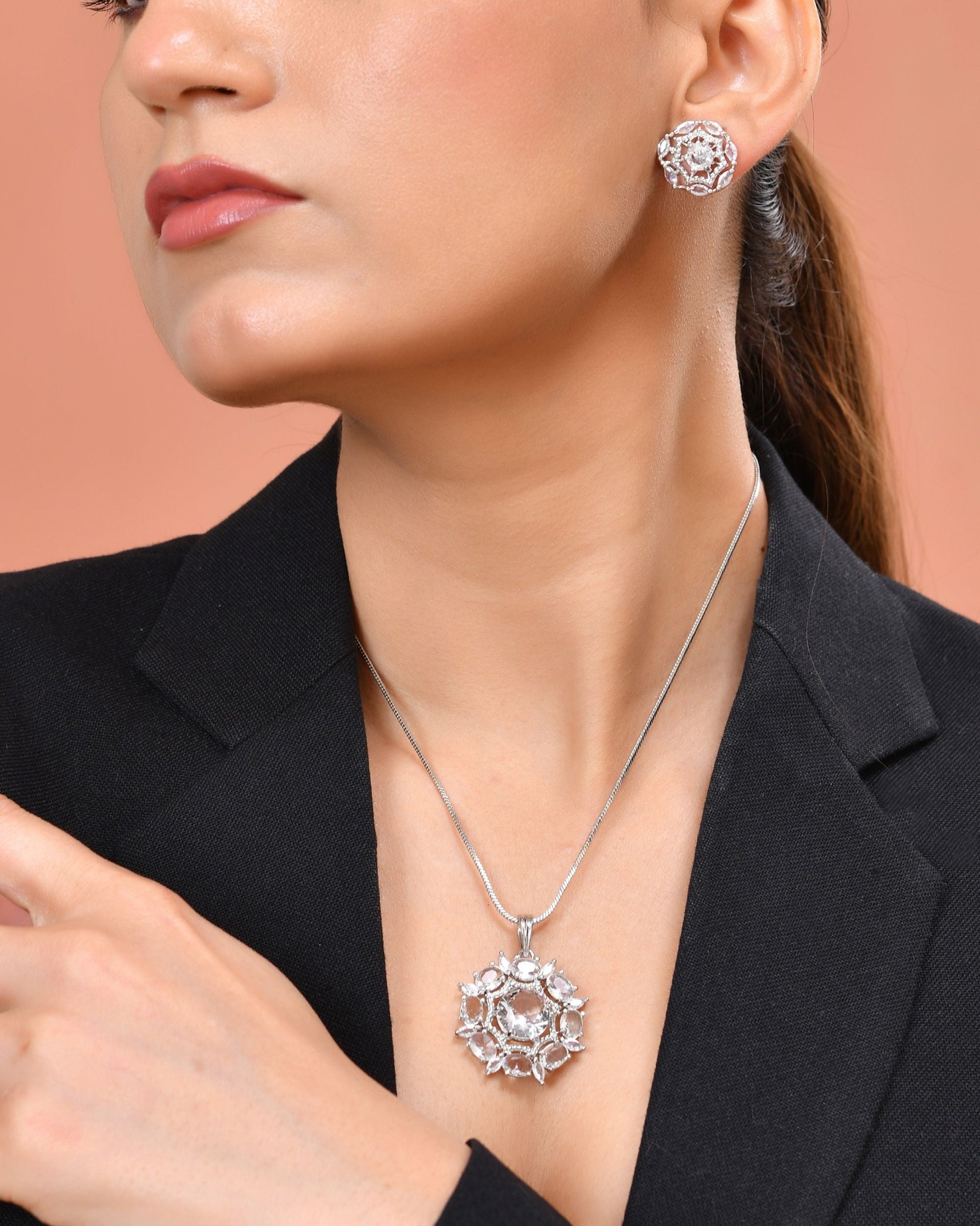 VOJ Silver Plated Circular Stone Studded Floral Shaped Ad Chain Set  Grab2Buy VOJ Grab2Buy