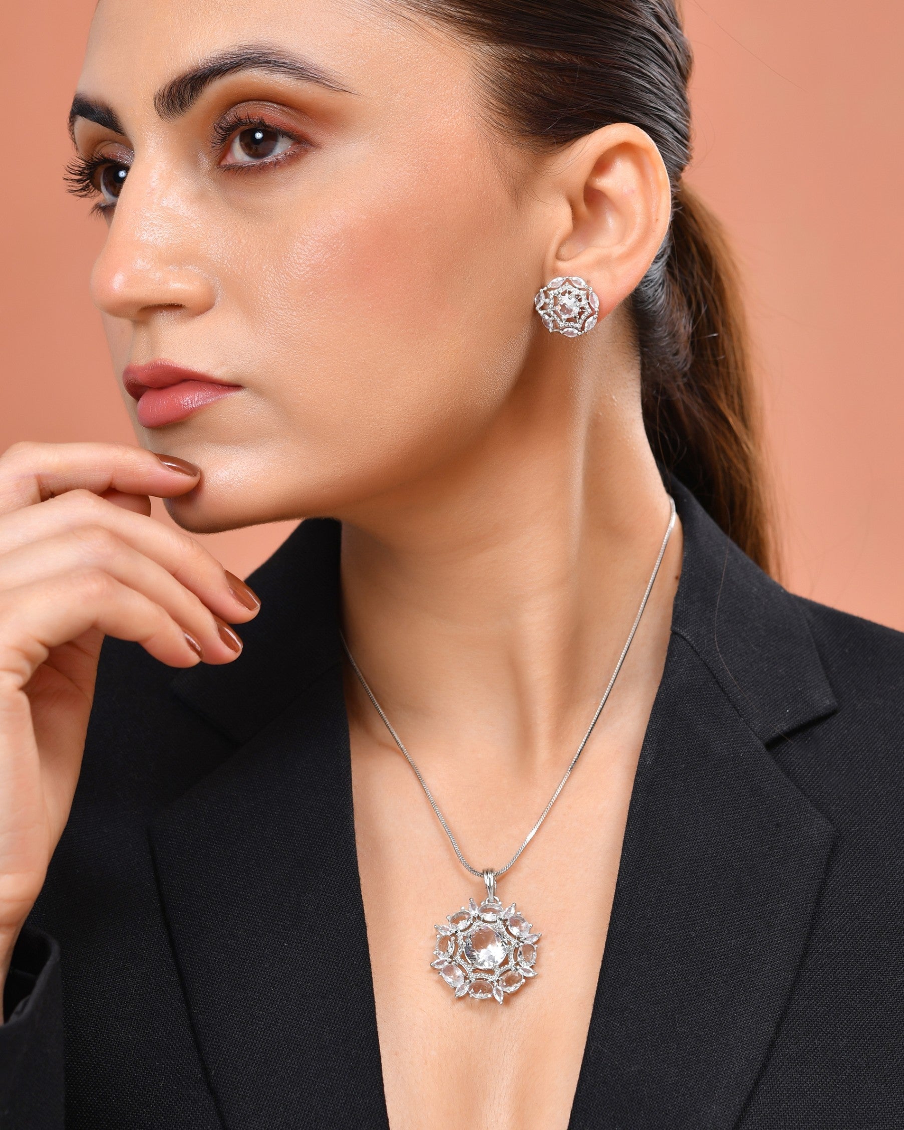 VOJ Silver Plated Circular Stone Studded Floral Shaped Ad Chain Set  Grab2Buy VOJ Grab2Buy