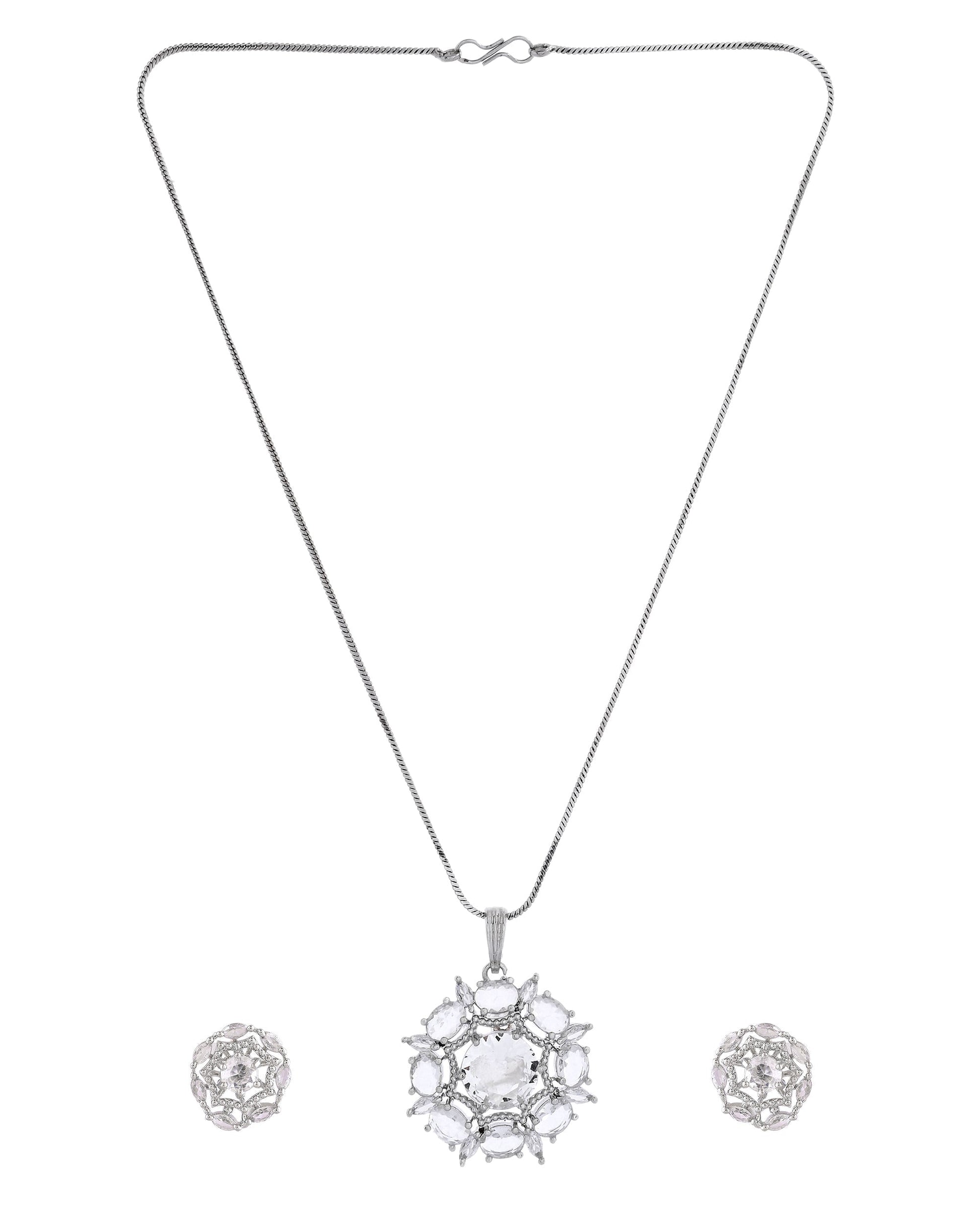 VOJ Silver Plated Circular Stone Studded Floral Shaped Ad Chain Set  Grab2Buy VOJ Grab2Buy
