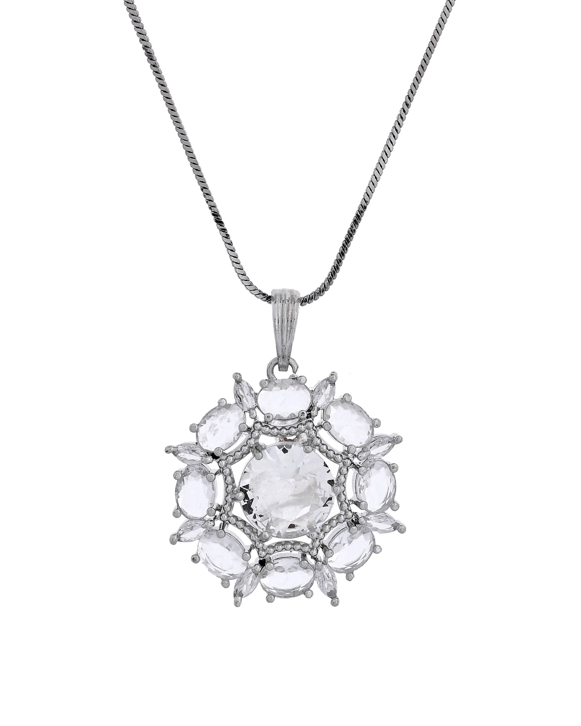 VOJ Silver Plated Circular Stone Studded Floral Shaped Ad Chain Set  Grab2Buy VOJ Grab2Buy