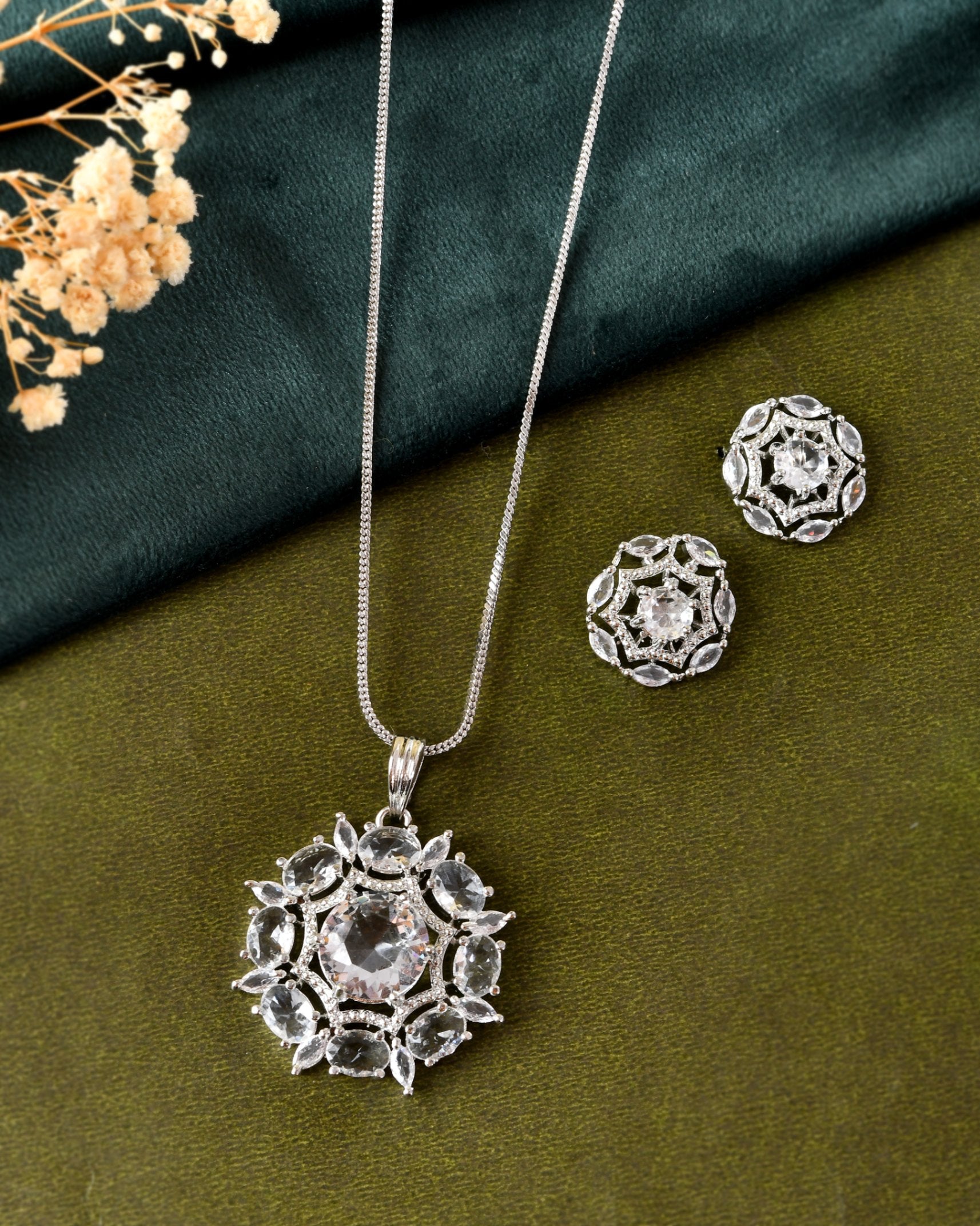 VOJ Silver Plated Circular Stone Studded Floral Shaped Ad Chain Set  Grab2Buy VOJ Grab2Buy