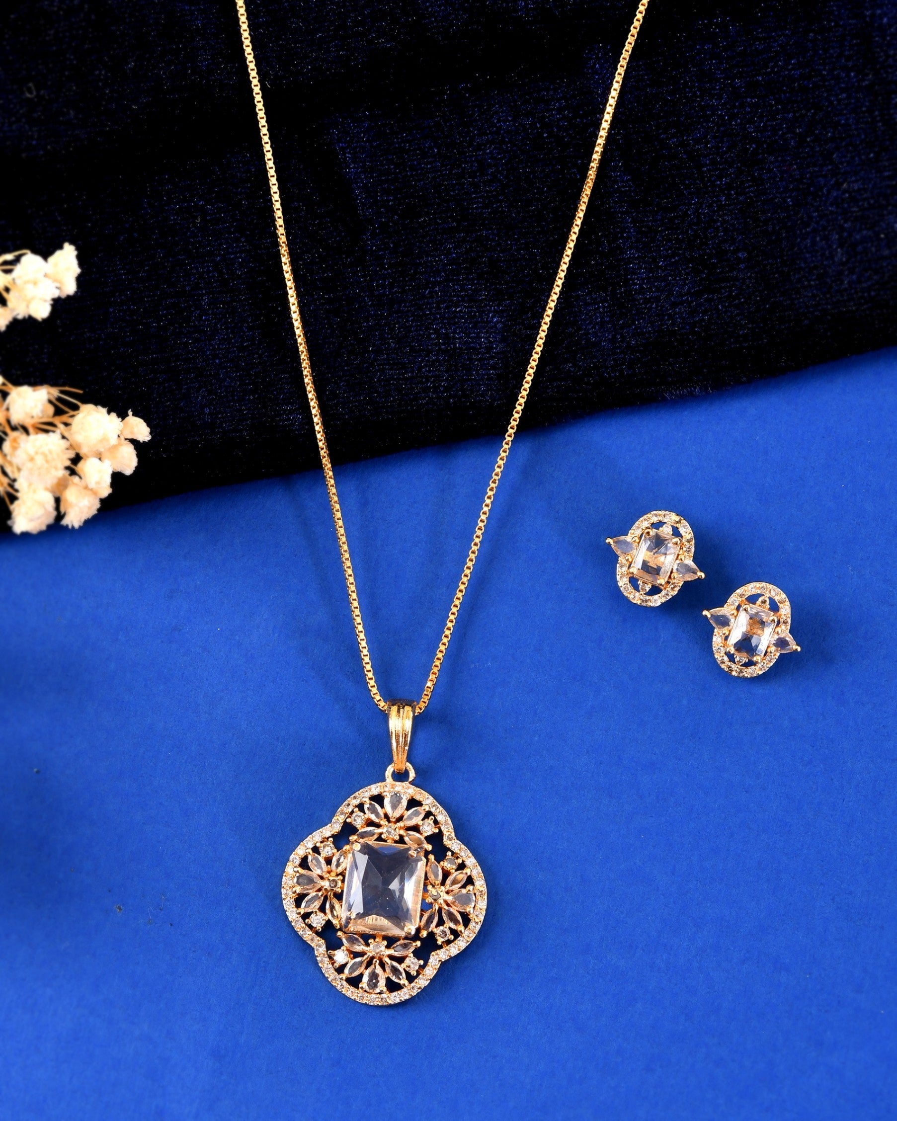 VOJ Gold Toned Rectangular Stone Studded Cz Chain Set  Grab2Buy VOJ Grab2Buy