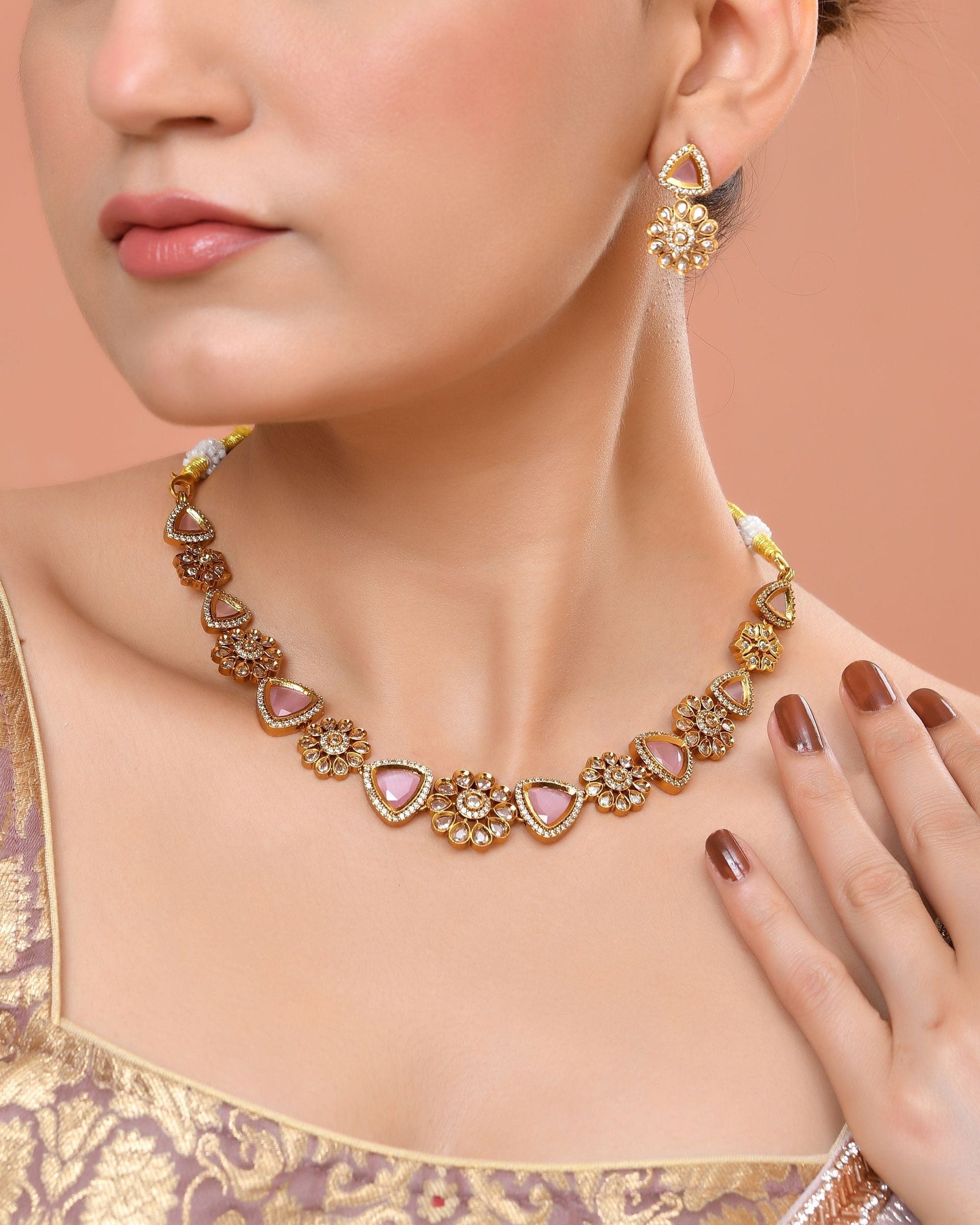 VOJ Gold Tone Floral With Pink Stone Ad Necklace Set  Grab2Buy VOJ Grab2Buy