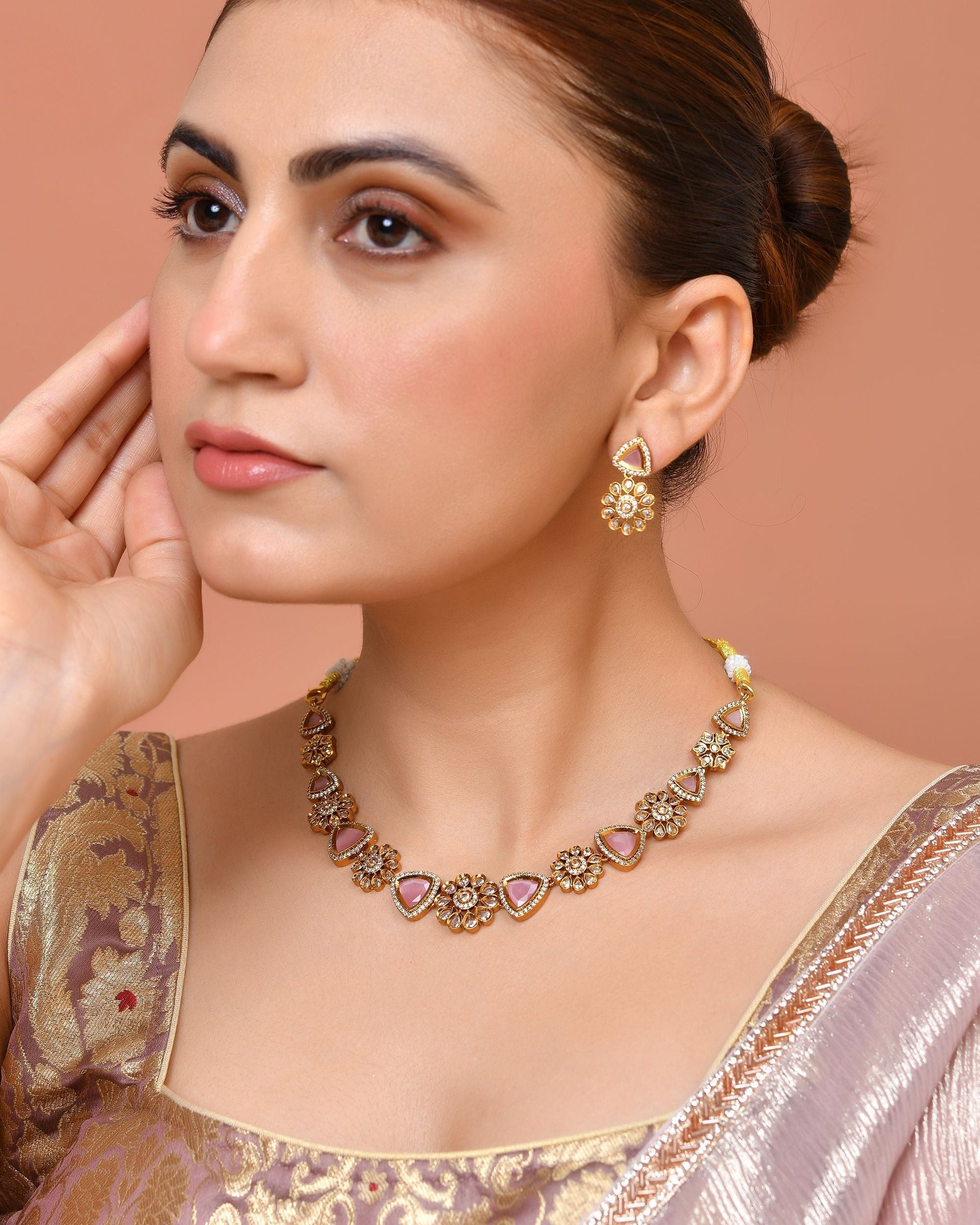 VOJ Gold Tone Floral With Pink Stone Ad Necklace Set  Grab2Buy VOJ Grab2Buy