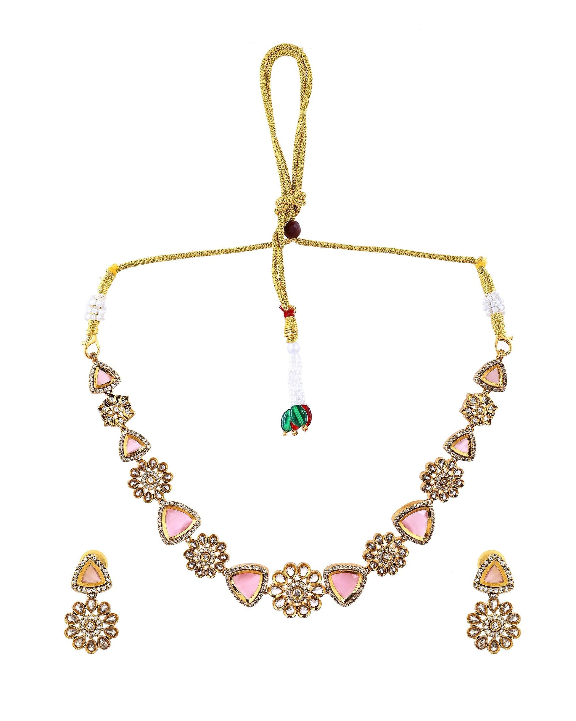 VOJ Gold Tone Floral With Pink Stone Ad Necklace Set  Grab2Buy VOJ Grab2Buy