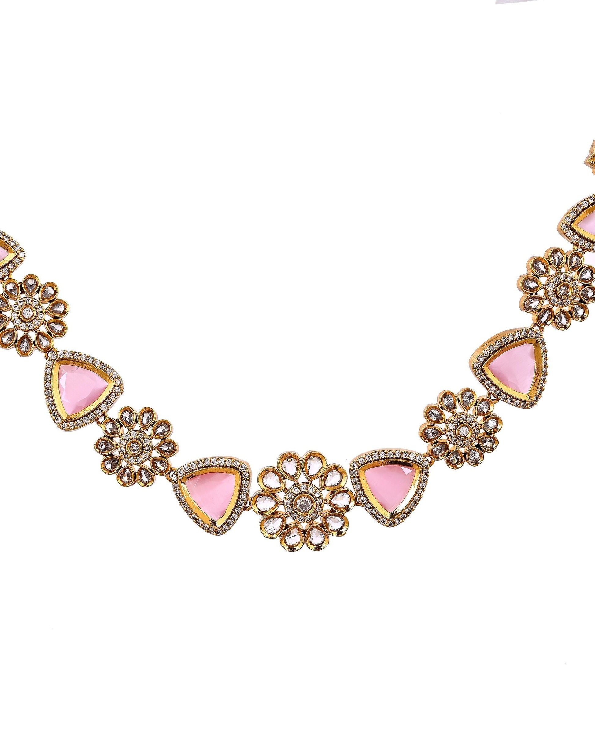 VOJ Gold Tone Floral With Pink Stone Ad Necklace Set  Grab2Buy VOJ Grab2Buy
