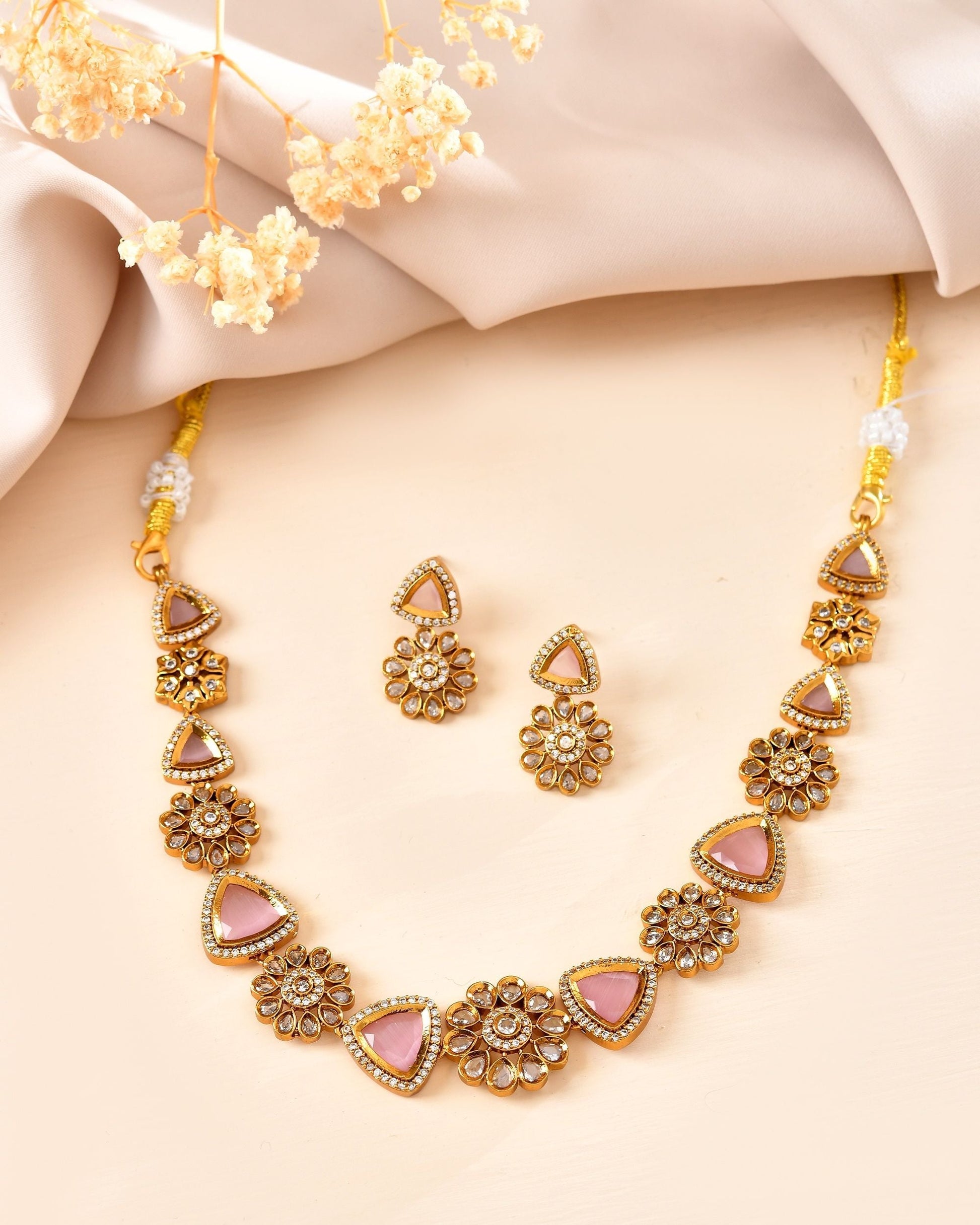VOJ Gold Tone Floral With Pink Stone Ad Necklace Set  Grab2Buy VOJ Grab2Buy