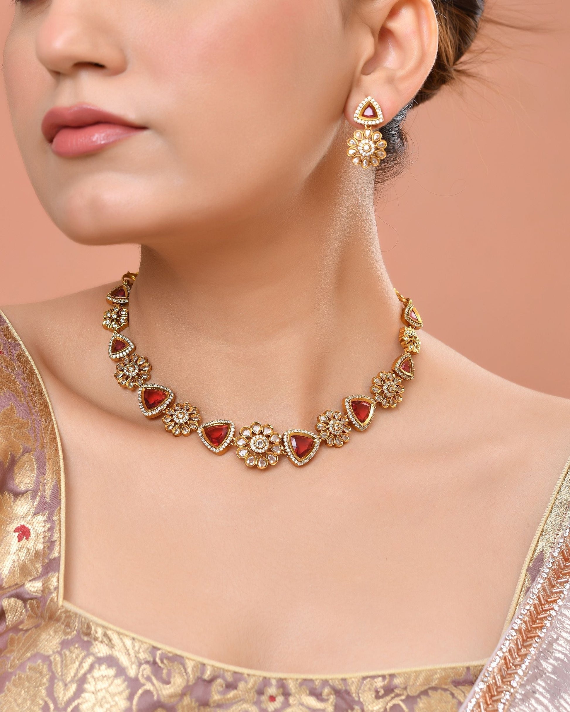 VOJ Gold Tone Floral With Ruby Red Stone Ad Necklace Set  Grab2Buy VOJ Grab2Buy