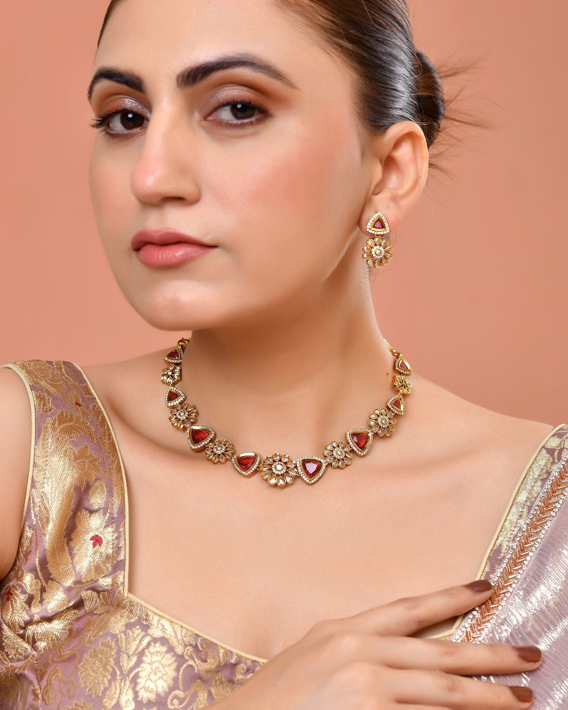 VOJ Gold Tone Floral With Ruby Red Stone Ad Necklace Set  Grab2Buy VOJ Grab2Buy