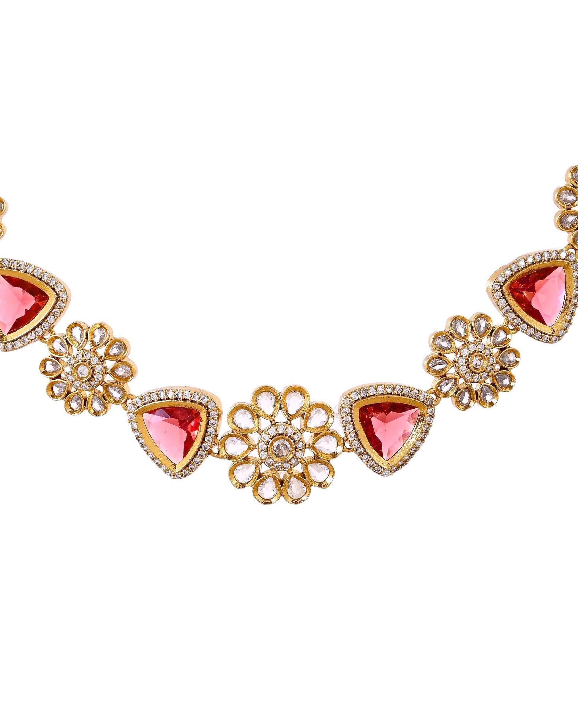 VOJ Gold Tone Floral With Ruby Red Stone Ad Necklace Set  Grab2Buy VOJ Grab2Buy