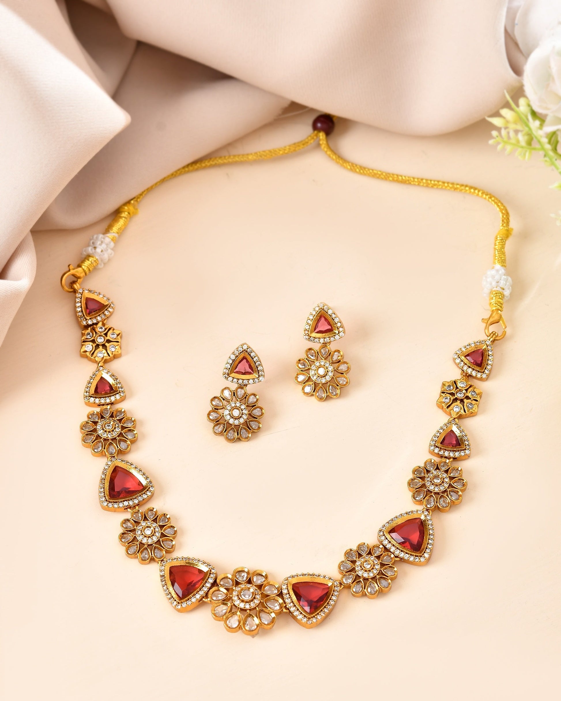 VOJ Gold Tone Floral With Ruby Red Stone Ad Necklace Set  Grab2Buy VOJ Grab2Buy