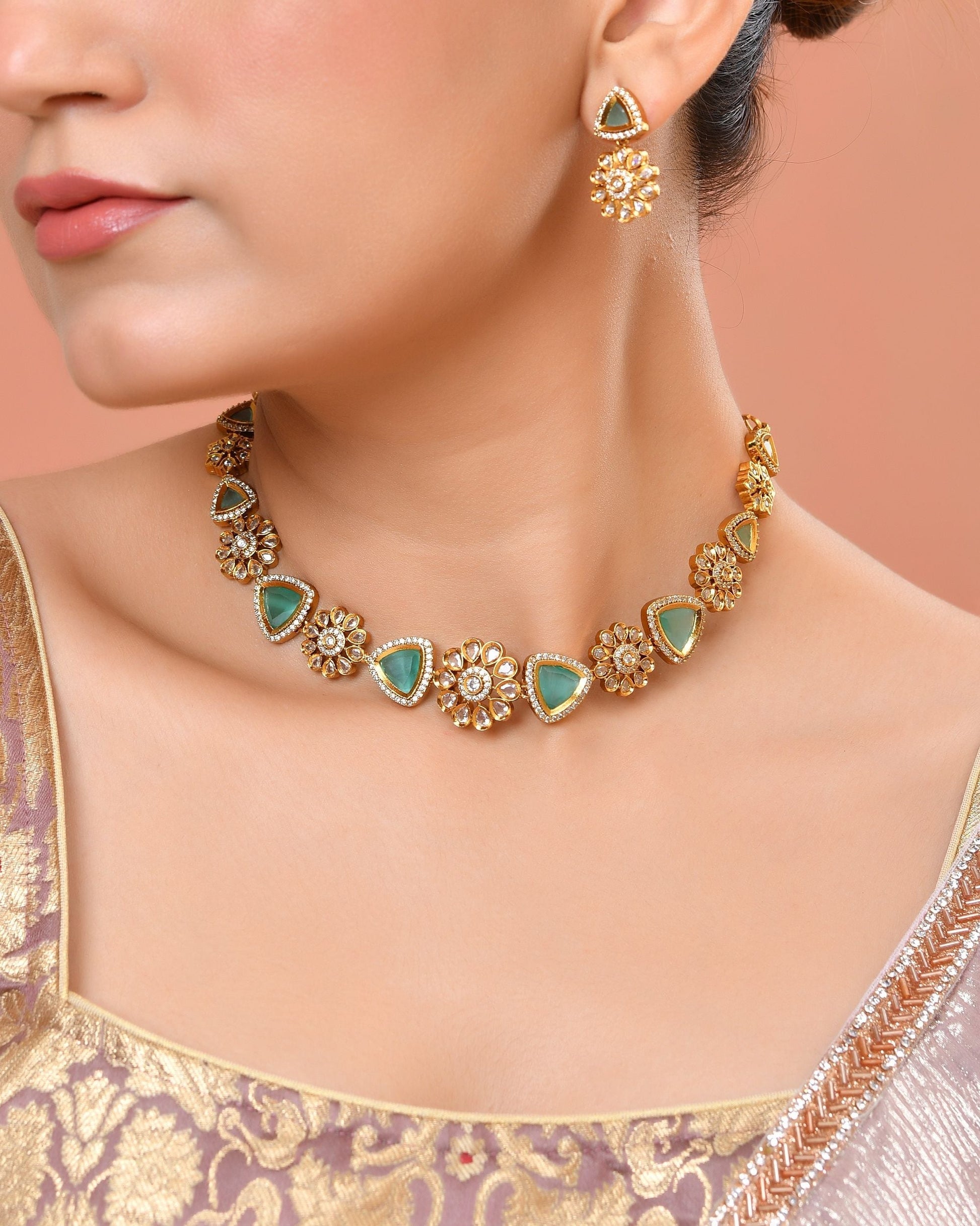 VOJ Gold Tone Floral With Teal Green Stone Ad Necklace Set  Grab2Buy VOJ Grab2Buy